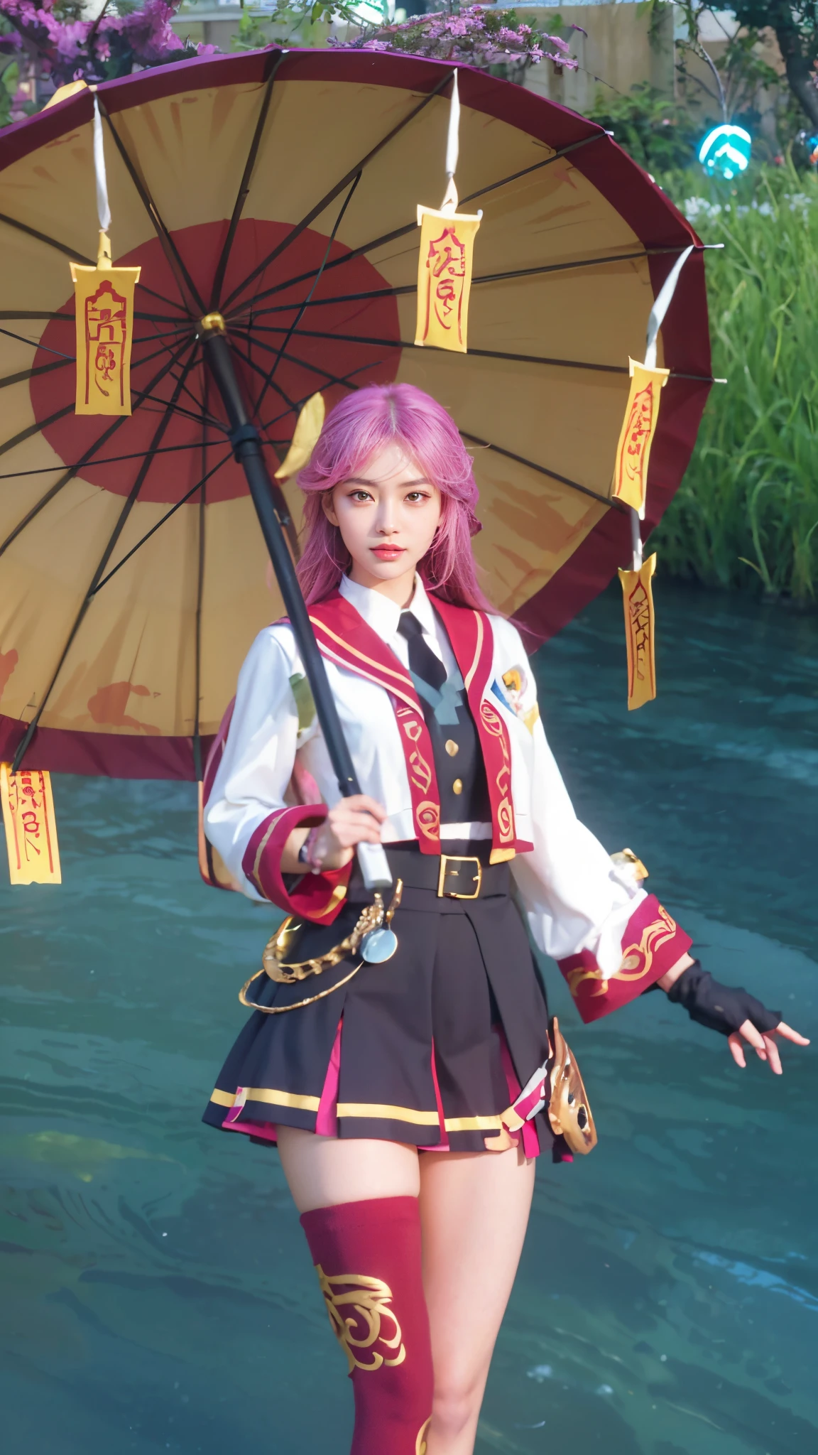 1girl, 8k potrait of beautiful girl with brown hair, asian skin tone, umbrella, intricate, elegant, realistic depth of field photography, perfect natural lightinasterpiece, sidelighting, finely detailed beautiful yellow eyes: 1.2), long hair, realistic lots of hair, realistic suit, realistic human face, realistic cyberpunk city background,