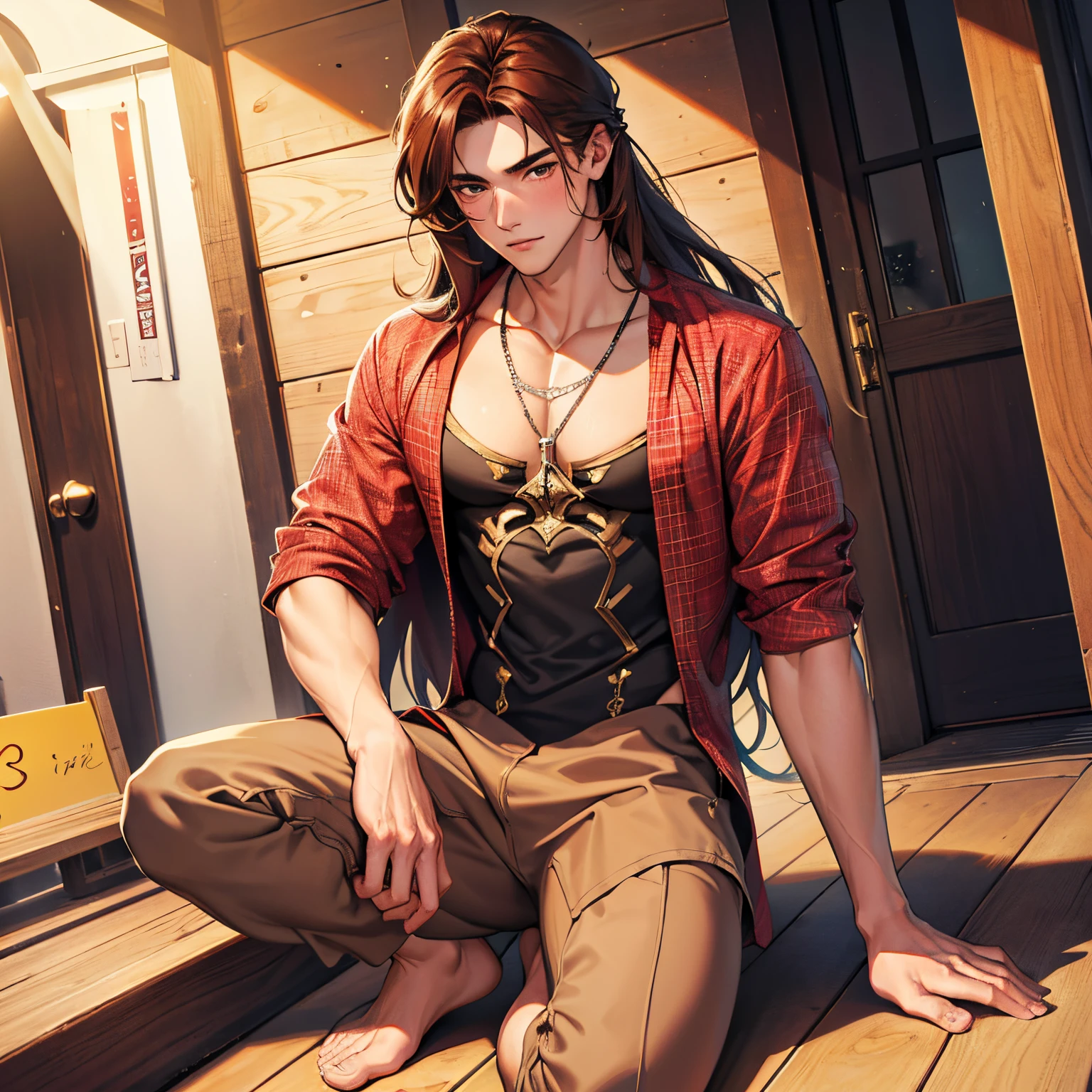(absurdres, highres, ultra detailed) A tall young male with long hair, reddish-brown hair, brown finely eyes, and light fair skin, blush on face, fit build, casual clothes, full body poses