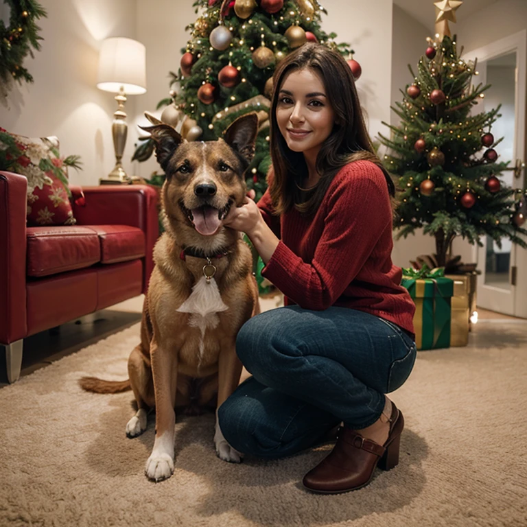 Beautiful woman with a dog next to a Christmas tree on christmas
