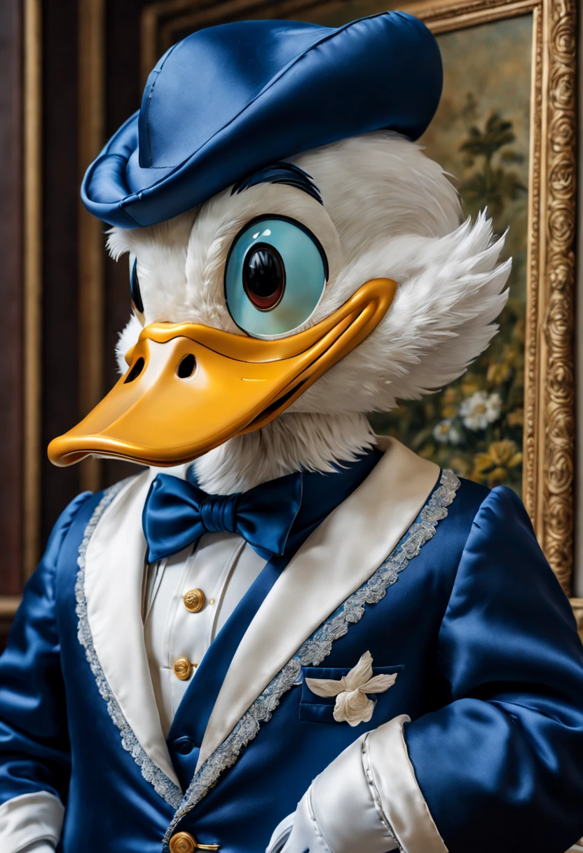 (best quality,4k,8k,highres,masterpiece:1.2),ultra-detailed,(realistic,photorealistic,photo-realistic:1.37),Embroidering Donald Duck on Silk,The embroidery is so lifelike that it seems as if Donald Duck has come to life on the silk canvas. His iconic blue sailor suit stands out with its rich shades of blue