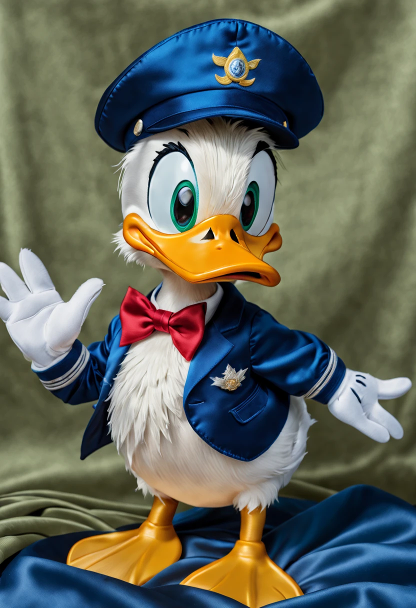 (best quality,4k,8k,highres,masterpiece:1.2),ultra-detailed,(realistic,photorealistic,photo-realistic:1.37),Embroidering Donald Duck on Silk,The embroidery is so lifelike that it seems as if Donald Duck has come to life on the silk canvas. His iconic blue sailor suit stands out with its rich shades of blue
