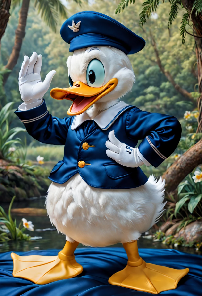 (best quality,4k,8k,highres,masterpiece:1.2),ultra-detailed,(realistic,photorealistic,photo-realistic:1.37),Embroidering Donald Duck on Silk,The embroidery is so lifelike that it seems as if Donald Duck has come to life on the silk canvas. His iconic blue sailor suit stands out with its rich shades of blue