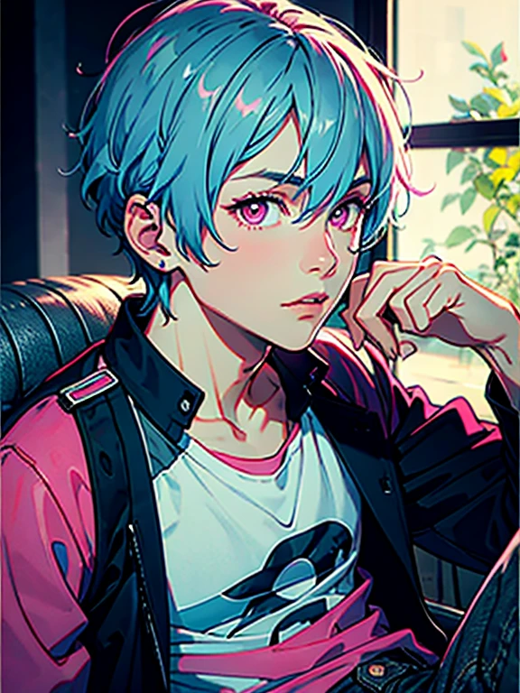 (best quality, masterpiece), portrait, 1 boy, solo, (light blue hair, short), ( pink eyes, sharp look), large shirt, skinny pants,