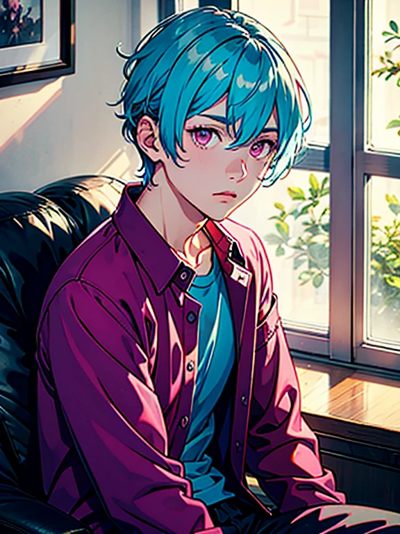 (best quality, masterpiece), portrait, 1 boy, solo, (light blue hair, short), ( pink eyes, sharp look), large shirt, skinny pants,