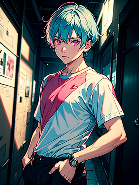 1man-boy, pink hair ornament,headset, pink, Looking ahead,no pants,Wear a pink collar with a bell, tight shirt Have muscles ,open thigh, Have a cold expression.