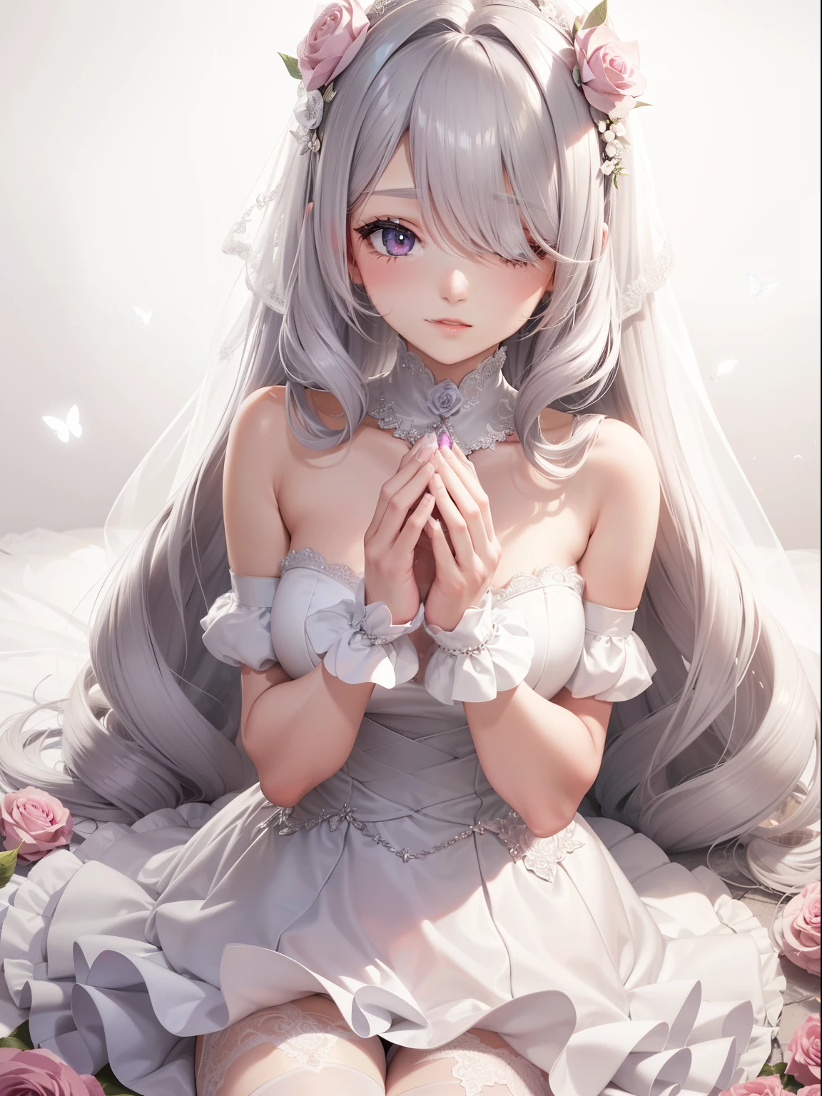 silber hair，butterflys，Long grey hair，Light pink wedding dresses，8k wallpaper，detailedbackground，Highest high resolution，Deep V Big，Hair covering one eye，Bandeau Wedding Dress，chies，white roses and pale pink roses，tight fitted，Stockings,(((perfect and cute hands)))