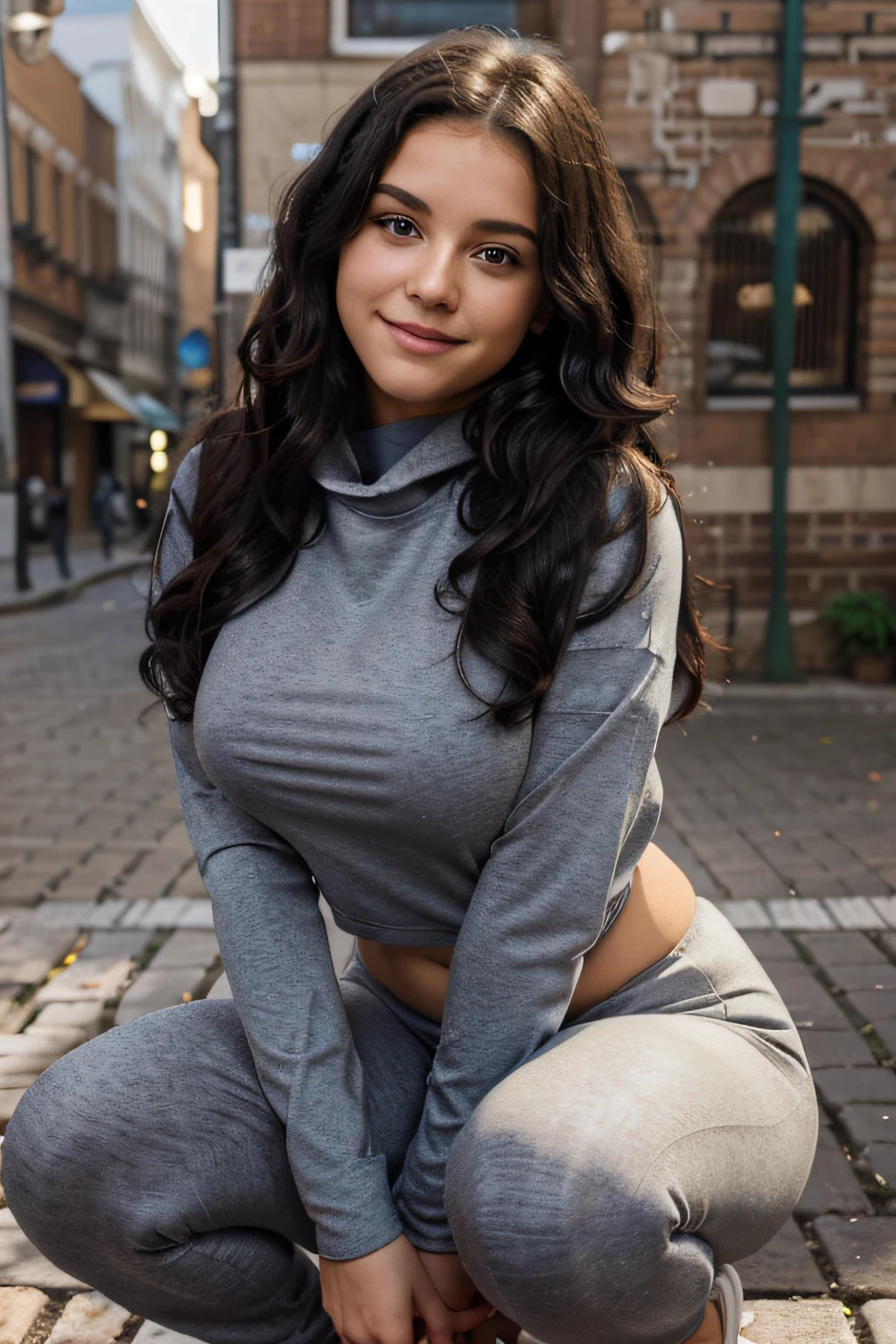 Gorgeous smiling19--old nage girl, black slightly curly hair, blue eyes, large natural breasts, squatting against a brick wall in the city, wearing a sweatshirt and leggings, very innocent look, full body view, various poses, distance to the viewer, (looking into the camera), ((warm lighting)), HD video, 8k resolution, very nice hourglass body shape
