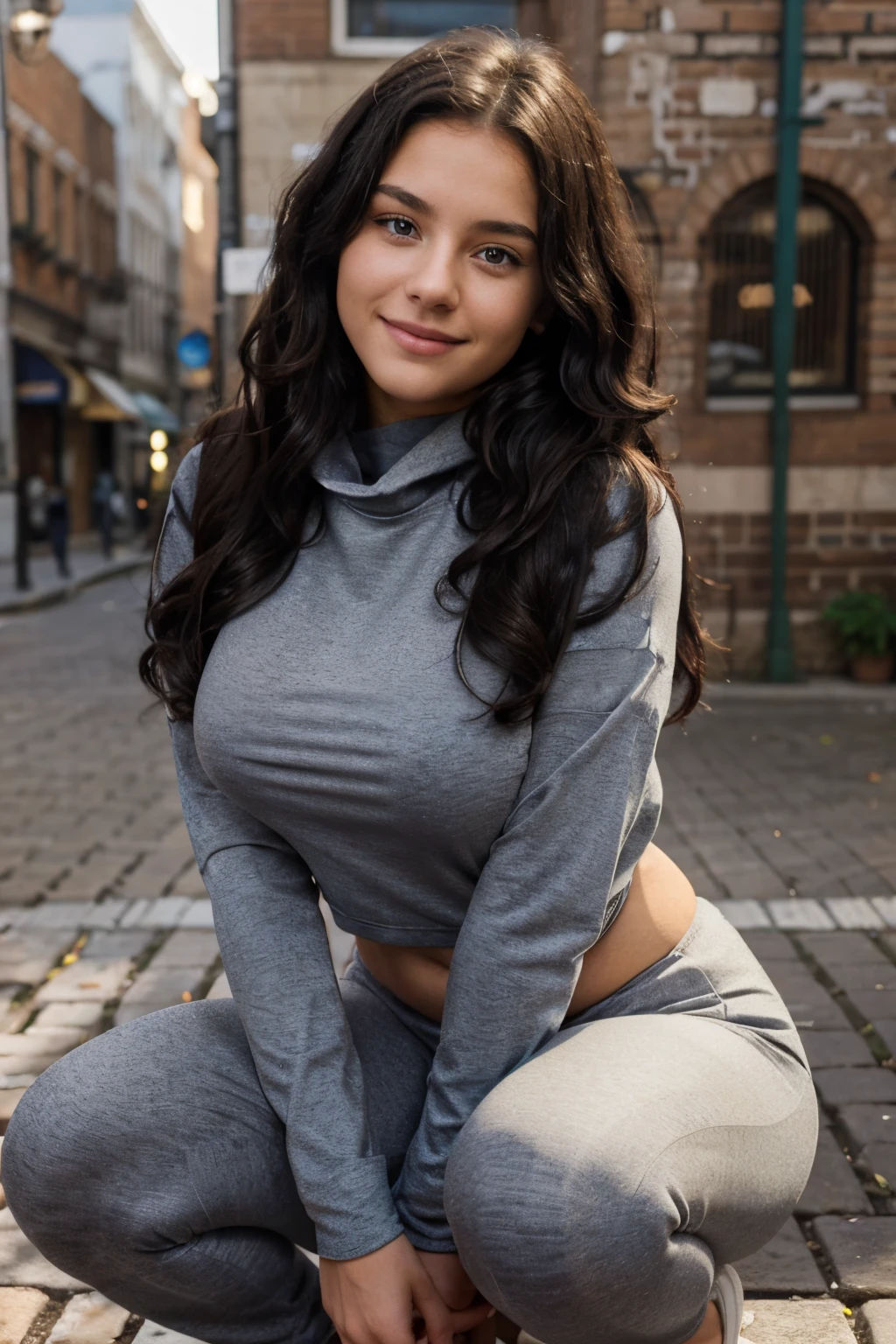 Gorgeous smiling19-year-old teenage girl, black slightly curly hair, blue eyes, large natural breasts, squatting against a brick wall in the city, wearing a sweatshirt and leggings, very innocent look, full body view, various poses, distance to the viewer, (looking into the camera), ((warm lighting)), HD video, 8k resolution, very nice hourglass body shape