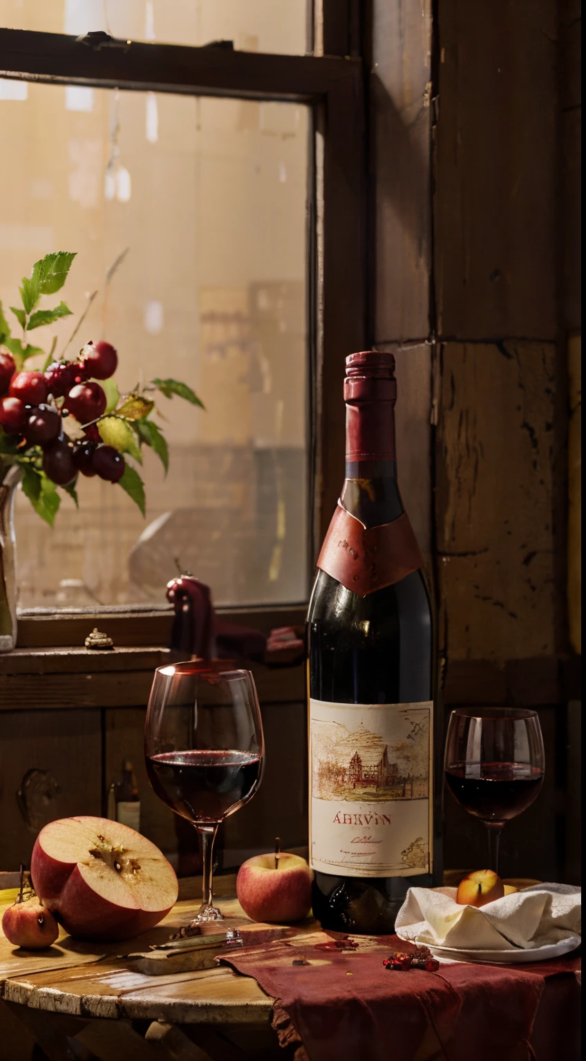 There is a red wine bottle on the table、Apples and peaches, Napkins and wine glasses, Window lighting , Background curtains, Still life impasto painting , deep dark background,wine label on white, The name of the wine is "Arevi"
