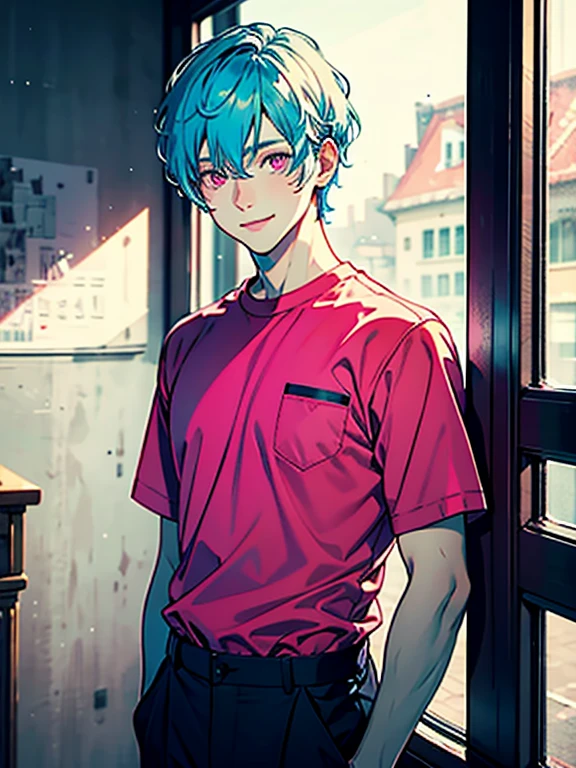(best quality, masterpiece), portrait, 1 boy, solo, (light blue hair, short), ( pink eyes, sharp look), large shirt, skinny pants, light smile,