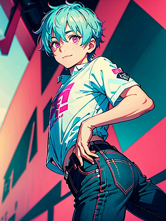 (best quality, masterpiece), portrait, 1 boy, solo, (light blue hair, short), ( pink eyes, sharp look), large shirt, skinny pants, light smile,
