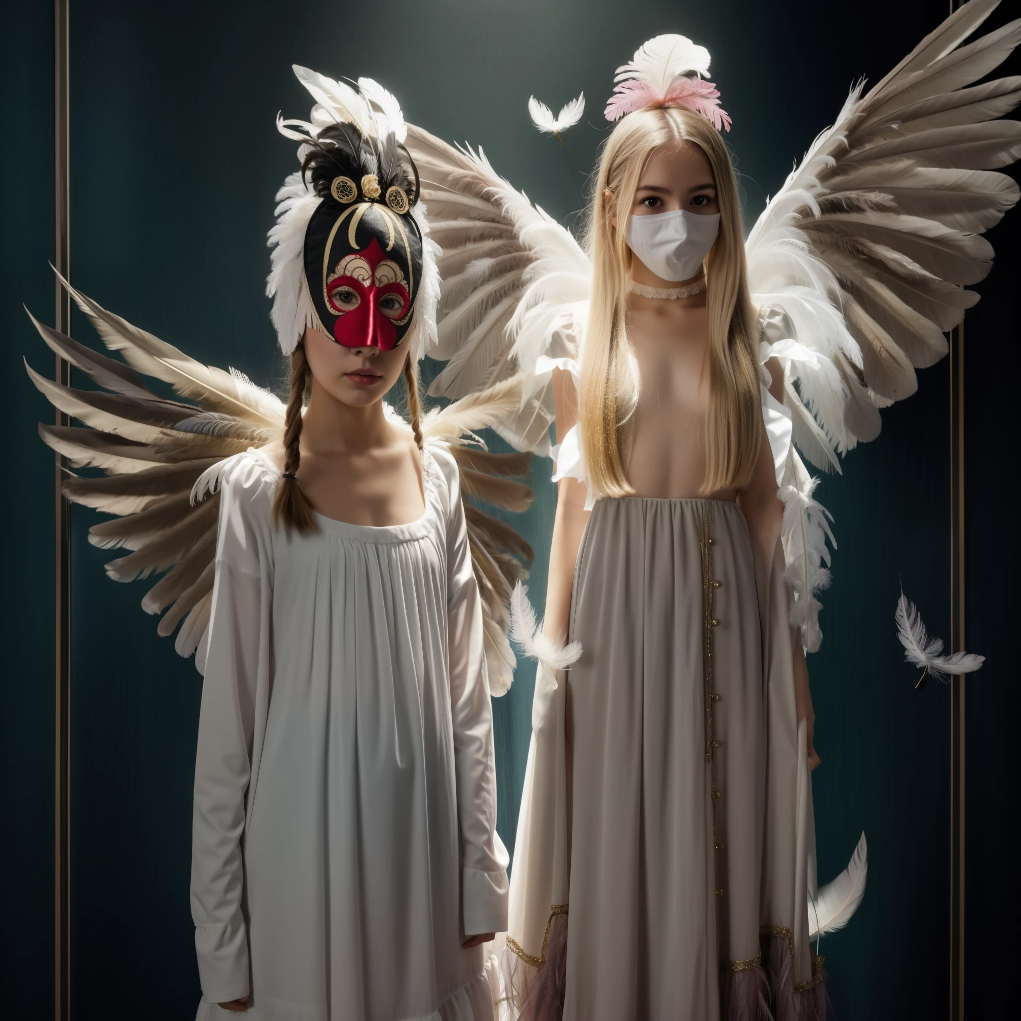 two girls dressed in costumes with masks and feathers, fotografia de terror premiada, , fotografia de terror, angelic and unsettling, arte surreal de horror, 2 anjos, Adriano Borda, imagem assustadora espiritual, fotografia assustadora, Surrealismo assustador