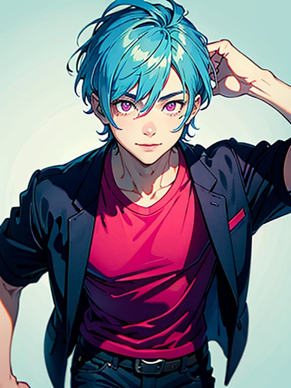 (best quality, masterpiece), portrait, 1 boy, solo, (light blue hair, short), ( pink eyes, sharp look), large shirt, skinny pants, light smile, sexy,