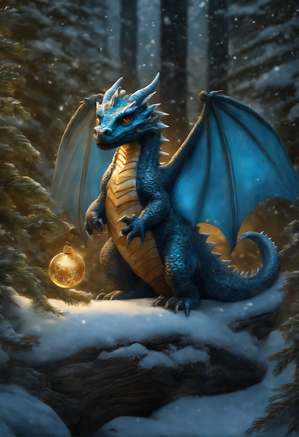 There is a dragon, the dragon stands by the Christmas tree, the dragon spares the garlands, holding gifts., A Newly Hatched Dragon, dragon in the winter forest near the Christmas tree, hung with crystal luminous balls, realistic fantasy illustration, Cute little snow dragon, by Adam Marczyński, Author: Kerembeyit, hyperrealistic fantasy art, adorable digital painting, Portrait of a Dragon, baby dragon portrait, Laszlo Balog, realistic fantasy painting, dragon art