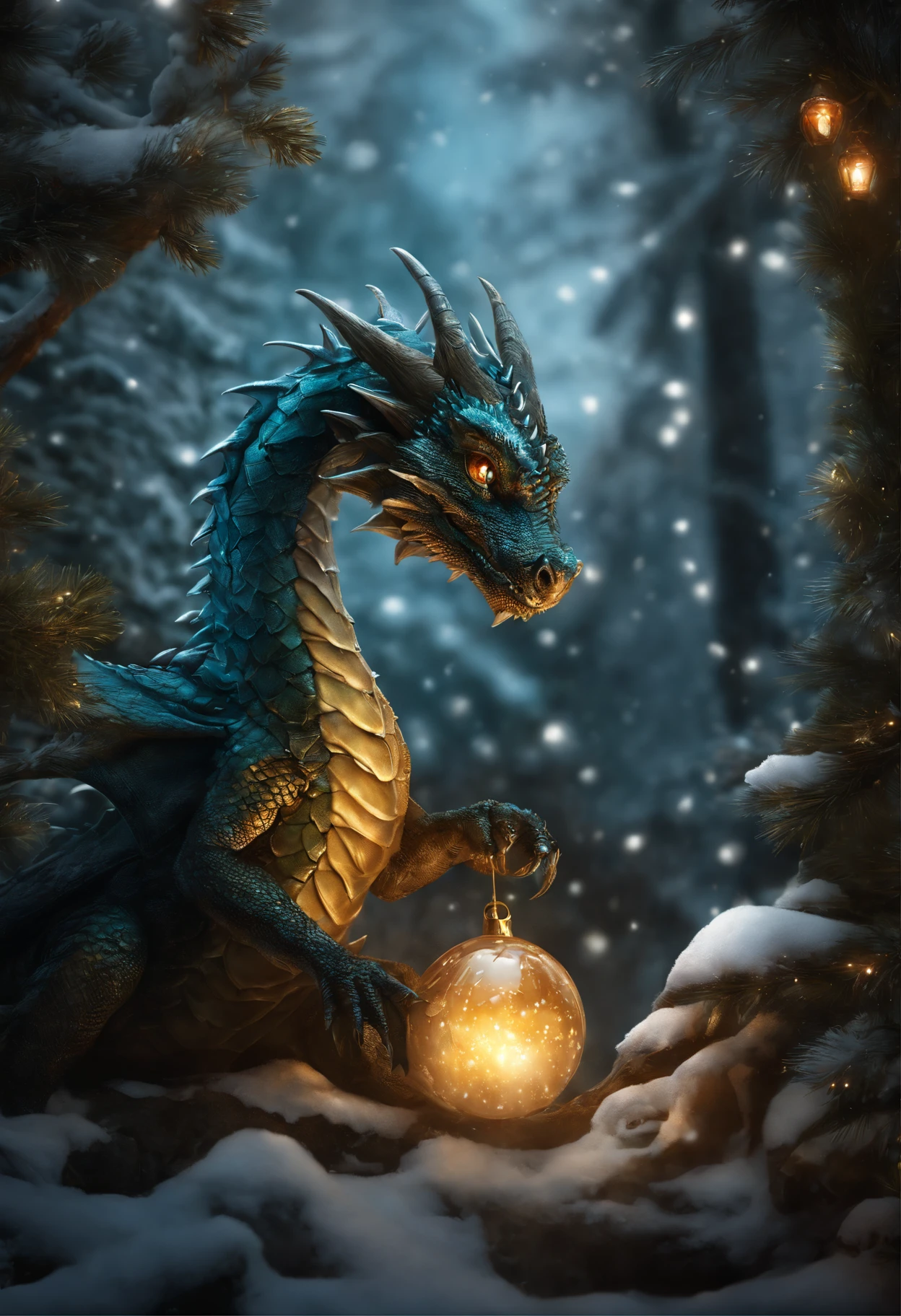 There is a dragon, the dragon stands by the Christmas tree, the dragon spares the garlands, holding gifts., A Newly Hatched Dragon, dragon in the winter forest near the Christmas tree, hung with crystal luminous balls, realistic fantasy illustration, Cute little snow dragon, by Adam Marczyński, Author: Kerembeyit, hyperrealistic fantasy art, adorable digital painting, Portrait of a Dragon, baby dragon portrait, Laszlo Balog, realistic fantasy painting, dragon art