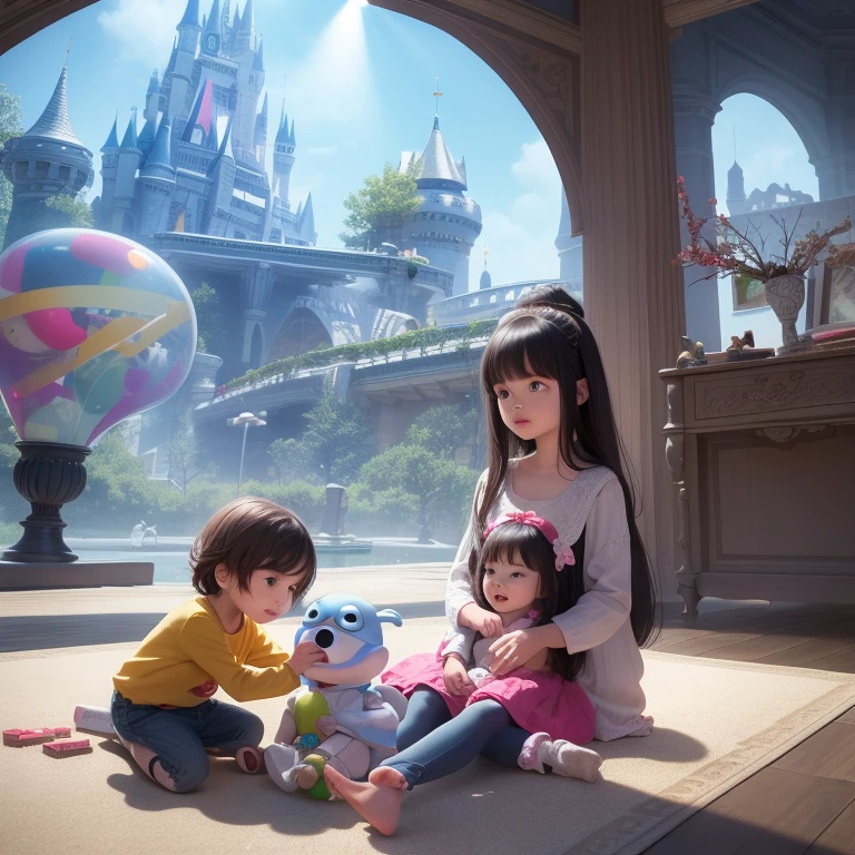 There are two and a baby sit on the floor playing with toys in a magical place with futuristic things Disney Pixar style