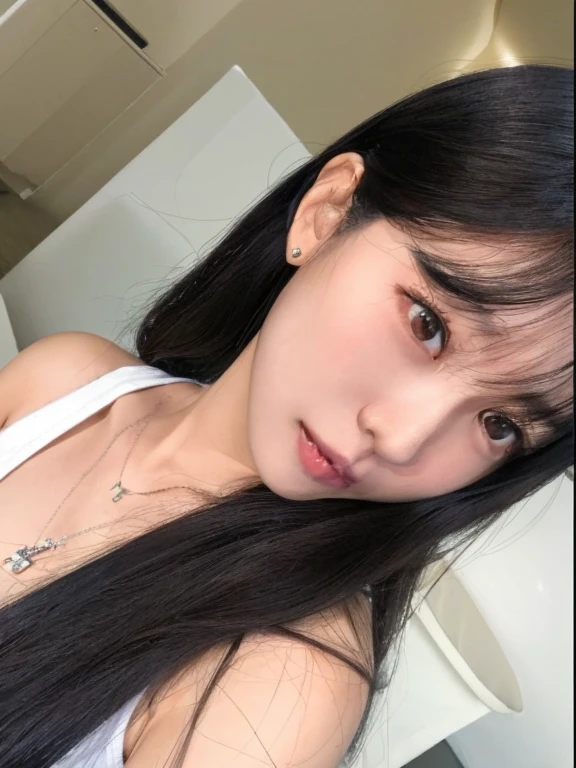 there is a woman with long hair and a white tank top, Jinyoung Canela, menina bonito-fino-cara, Ulzzang, menina coreana, young cute wan asian face, Jaeyeon Nam, linda mulher coreana jovem, Mulher sul-coreana bonita, mulher coreana jovem bonita, Heonhwa Choe, Lalisa Manobal, young adorable korean face, Beautiful Asian girl