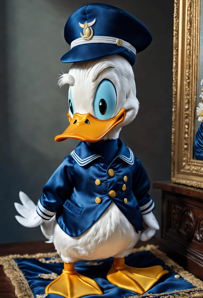 (best quality,4k,8k,highres,masterpiece:1.2),ultra-detailed,(realistic,photorealistic,photo-realistic:1.37),Embroidering Donald Duck on Silk,His iconic blue sailor suit stands out with its rich shades of blue