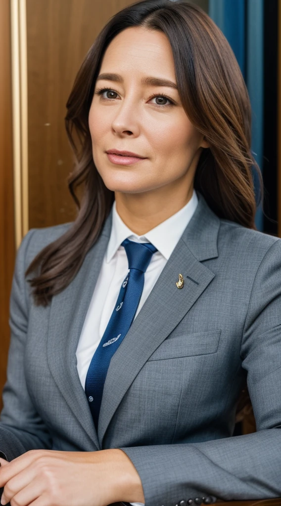 there is a woman with a tie on her neck looking at the camera, this person does not exist, with no facial features, 40 year old, serious and stern expression, confused facial expression, audrey tatou-maura tierney-sigourney weaver merged, entire body visible, full body, hyperrealistic, real human skin, best quality, 8K, masterpiece, extremely intricate, detailed eyes, detailed face, detailed body, exaggerated features, pronounced features, fujifilm, wearing a professional business suit, inside of a boardroom