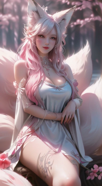 To, masutepiece, Beautiful details, Colorful, DELICATE DETAILS, Delicate lips, intricate-detail, Real, Ultra-realistic, White-haired fox girl sitting on a branch: 1.1, Big Tits, Sexy, Seductive, Ethereal fox, Nine-Tailed Fox, Fox three-tailed fox, onmyoji detailed art, Nine Tails, beautiful artwork illustrations, a mythical creature, foxes, beautiful digital works of art, Exquisite digital illustration, Mizutsune, Inspired by the mythical creature Wild Net, About pixiv Digital Art, Bright light, High contrast, Horror movie themes, Dark atmosphere