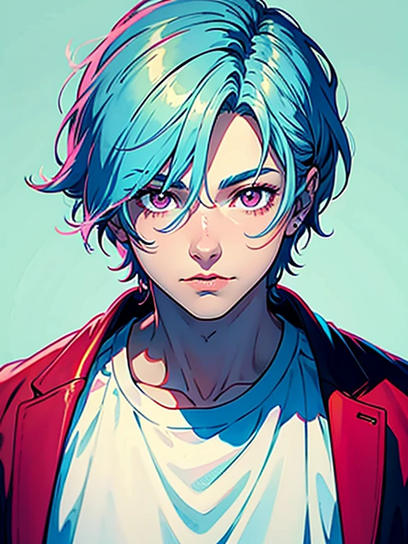 (best quality, masterpiece), portrait, 1 boy, solo, (light blue hair, short), ( pink eyes, sharp look), large shirt, white pants,