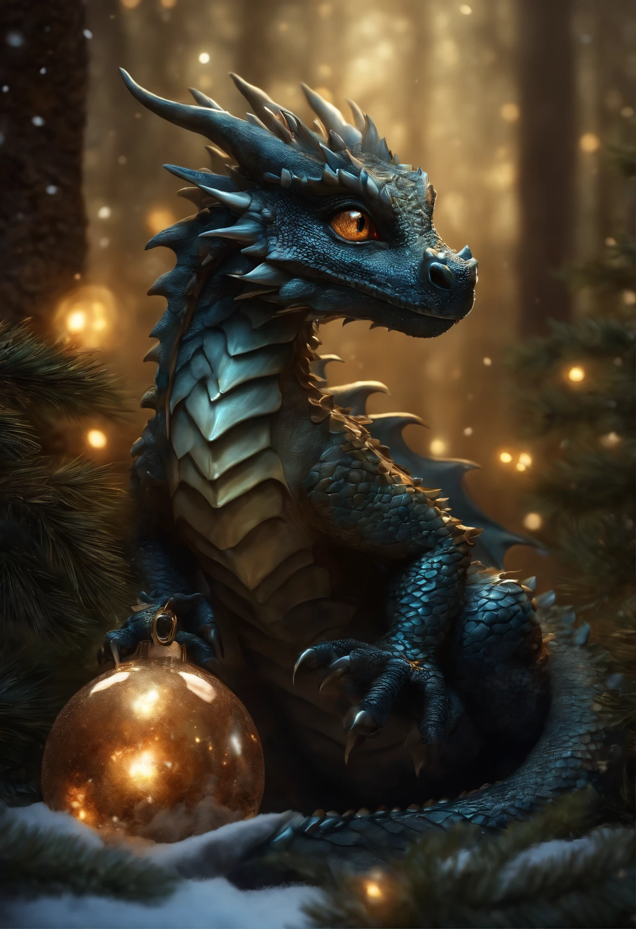 There is a dragon, the dragon stands by the Christmas tree, the dragon spares the garlands, holding gifts., A Newly Hatched Dragon, dragon in the winter forest near the Christmas tree, hung with crystal luminous balls, realistic fantasy illustration, Cute little snow dragon, by Adam Marczyński, Author: Kerembeyit, hyperrealistic fantasy art, adorable digital painting, Portrait of a Dragon, baby dragon portrait, Laszlo Balog, realistic fantasy painting, dragon art