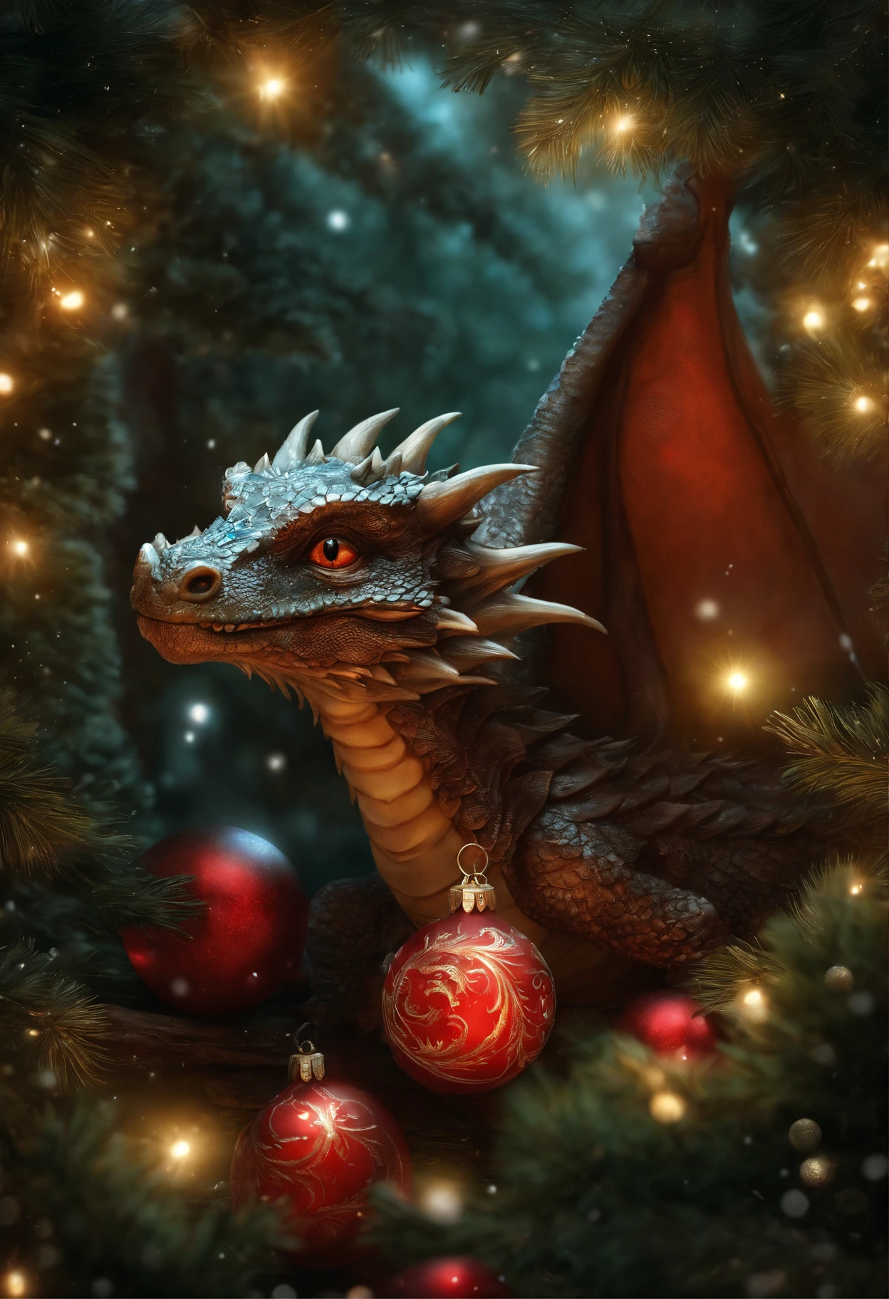 There is a dragon, the dragon stands by the Christmas tree, the dragon spares the garlands, holding gifts., A Newly Hatched Dragon, dragon in the winter forest near the Christmas tree, hung with crystal luminous balls, realistic fantasy illustration,  Cute little snow dragon, by Adam Marczyński, Author: Kerembeyit, hyperrealistic fantasy art, adorable digital painting, Portrait of a Dragon, baby dragon portrait, Laszlo Balog, realistic fantasy painting, dragon art