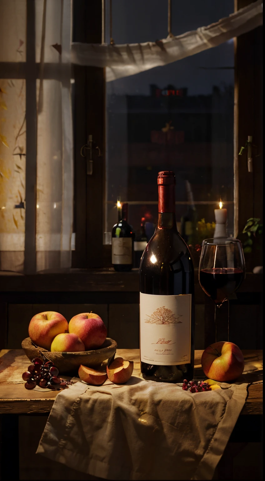 There is a red wine bottle on the table、Apples and peaches, Napkins and wine glasses,  Window lighting , Background curtains, Still life impasto painting , deep dark background,wine label on white, The name of the wine is "Arevi"