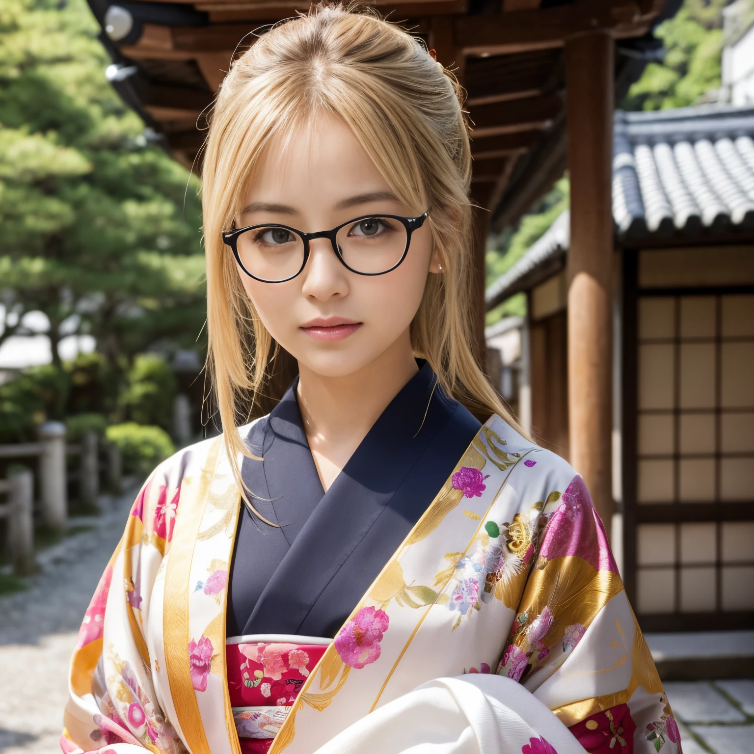 Best-quality, Masterpiece, Ultra-High-Resolution, (Photorealistic:1.4), Raw-Photo, Extremely-Details, Perfect-Anatomy, 

1girl, the most famous Japanese actress, wearing only luxurious colorful Japanese KIMONO and glasses with cool design, in an idyllic rural village in Japan, 

extremely beautiful face like a most popular Japanese actress, extremely beautiful large black solid circle eyes, extremely beautiful blonde hair, extremely beautiful lips, extremely beautiful realistic white skins