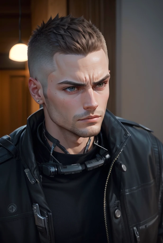Men with shortest hair same expression same angle 4k image clean shave ultra realistic natural lighting cyberpunk