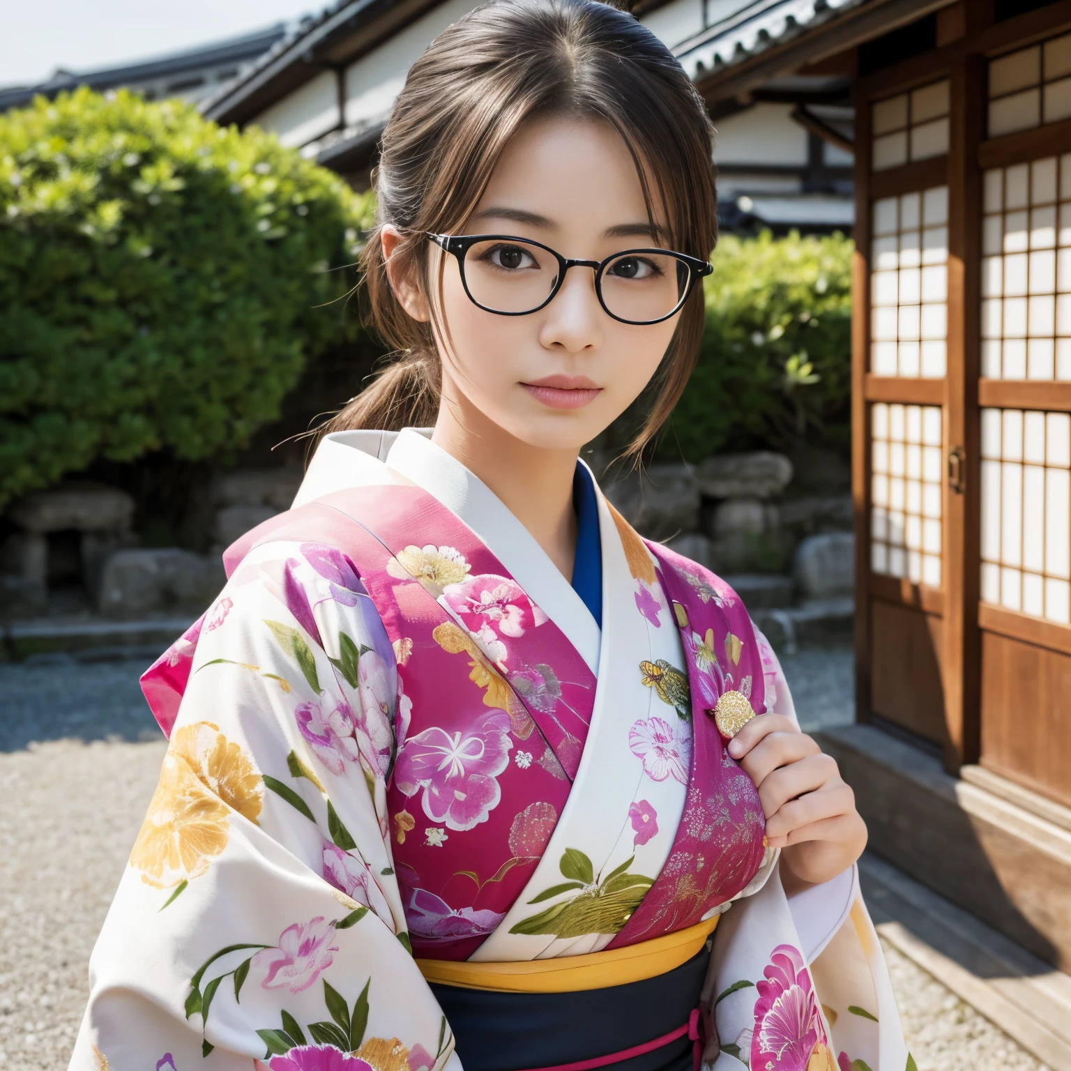 Best-quality, Masterpiece, Ultra-High-Resolution, (Photorealistic:1.4), Raw-Photo, Extremely-Details, Perfect-Anatomy, 

1girl, the most famous Japanese actress, wearing only luxurious colorful Japanese KIMONO and glasses with cool design, in an idyllic rural village in Japan, 

extremely beautiful face like a most popular Japanese actress, extremely beautiful large black solid circle eyes, extremely beautiful blonde hair, extremely beautiful lips, extremely beautiful realistic white skins