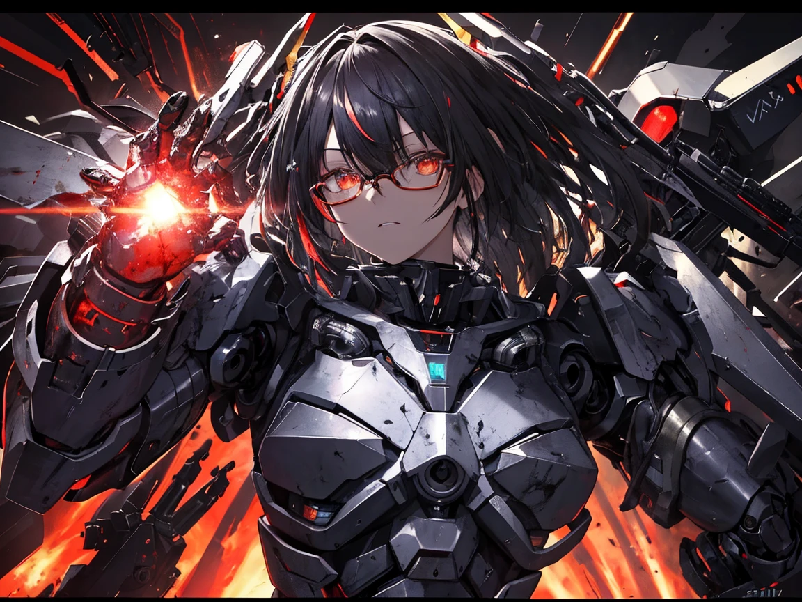 Blood Sea style,aesthetics,tmasterpiece,Best quality at best,ultra - detailed,very detailed illustration,The content is very detailed,Complicated details,A high resolution,super complex detail,Very detailed 8k CG wallpaper,Tense,Denim lenses,Caustics,reflector,Ray traching,cyber effect,(1 flat-chested girl:1.4),Royal sister demeanor,wears glasses,Alone,Alone,mechanicalparts,robotjoints,single mechanical arm,,Mecha body,Straight A'ull body armored ,It's a science fiction movie,Blood splattered on it,Wearing heavy armor,Black color mecha,The abdomen is covered with thick armor.,Geometric armor,Long knives mounted on both handles,Very long hair,black hair color hair , Hair between both eyes, the hair, 黑The eye, glowing light eyes, Eye trajectories, indifferent expression, look next to,Random actions, Zhan Lpo de chuva gave up perspective,Faraway view,preparing to fight,warplane,The main colors are red and black