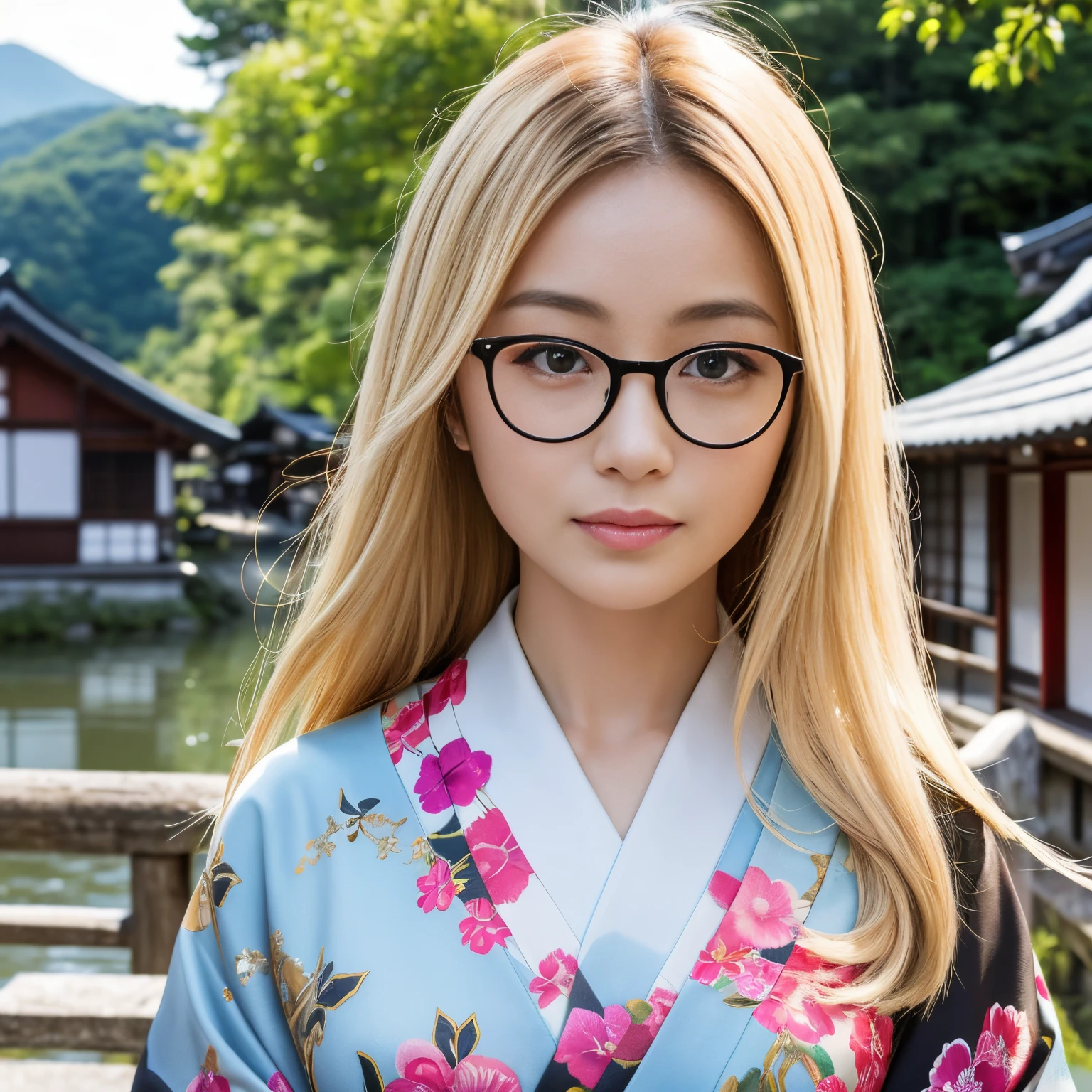 Best-quality, Masterpiece, Ultra-High-Resolution, (Photorealistic:1.4), Raw-Photo, Extremely-Details, Perfect-Anatomy,
1girl, the most famous Japanese actress, wearing only luxurious colorful Japanese KIMONO and glasses with cool design, in an idyllic rural village in Japan,
extremely beautiful face like a most popular Japanese actress, extremely beautiful large black solid circle eyes, extremely beautiful blonde hair, extremely beautiful lips, extremely beautiful realistic white skins