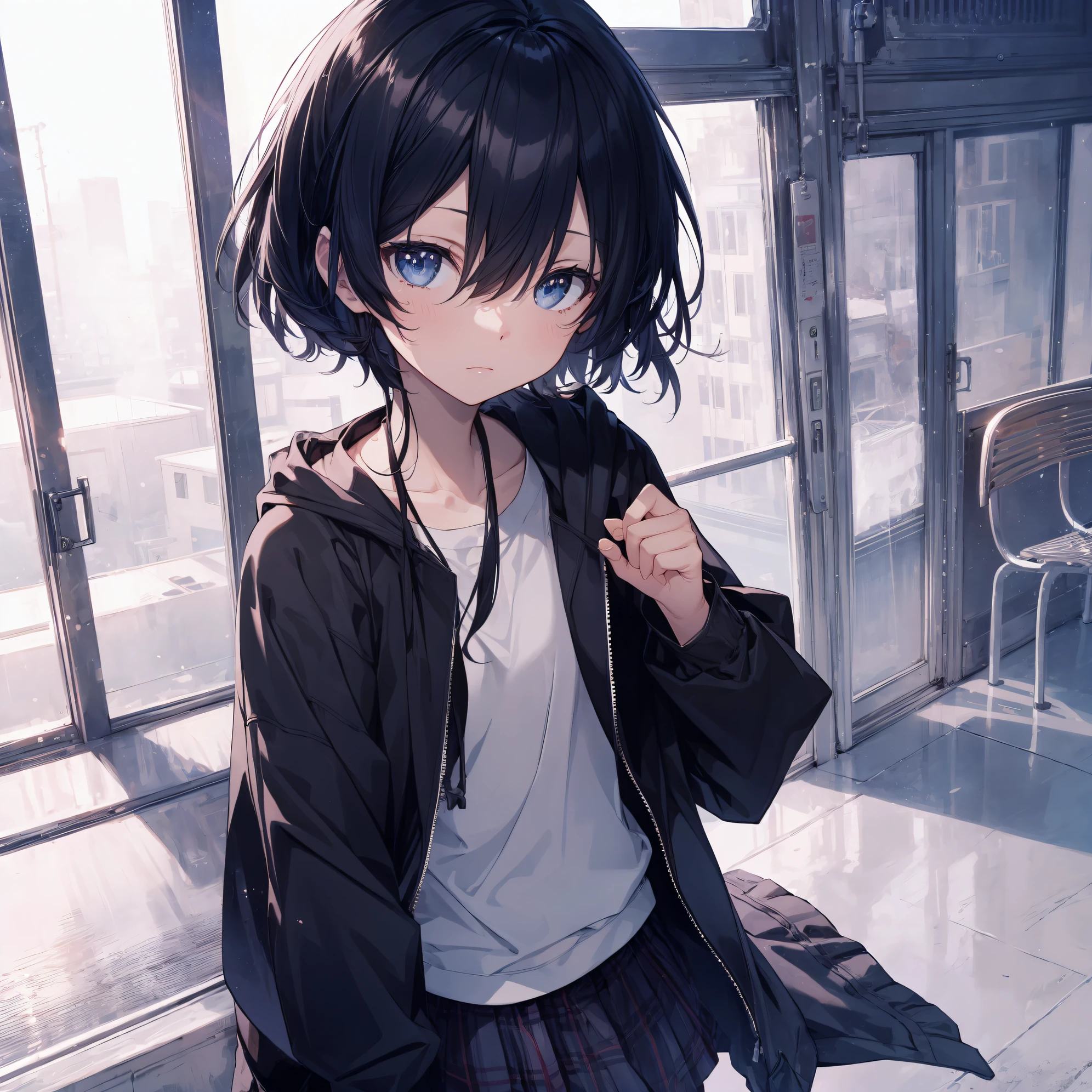 Super high quality by the art god, Ultra-detailed, High resolution, anime moe art style, Best Anime 8K Konachan Wallpapers, Pixiv Contest Winner, Perfect Anatomy, BREAK,(Draw a girl sleepily walking to school. ),BREAK, 1girl in, (Solo,Lori,child,13years:1.3),Full limbs, complete fingers,a junior high school student, Androgynous attraction, (Very short hair), Sleeping hair, hair messy, flat chest, Small butt, groin, Small eyes,Beautiful detailed black eyes, Well-proportioned iris and pupils, disgusted eye,  High resolution detailed hair, School uniform, Skirt, On the way to school. BREAK,super detailed skin, Best lighting by famous artists, 8K, Illustration,