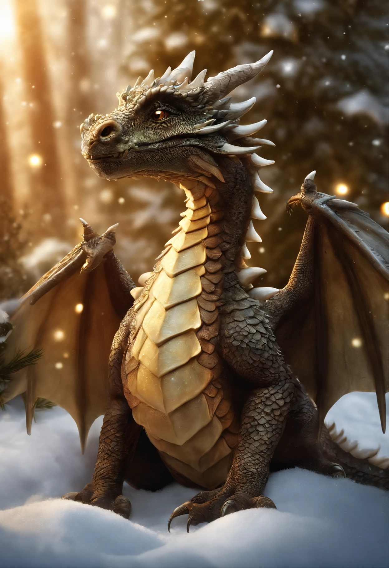 There is a little dragon, a little dragon stands by the Christmas tree, little dragon hangs balls on the Christmas tree, gifts near the tree., little dragon in the winter forest near the Christmas tree, hung with crystal glowing balls, realistic fantasy illustration, Cute little snow dragon, by Adam Marczyński, Author: Kerembeyit, hyperrealistic fantasy art, adorable digital painting, Portrait of a Dragon, baby dragon portrait, Laszlo Balog, realistic fantasy painting, dragon art