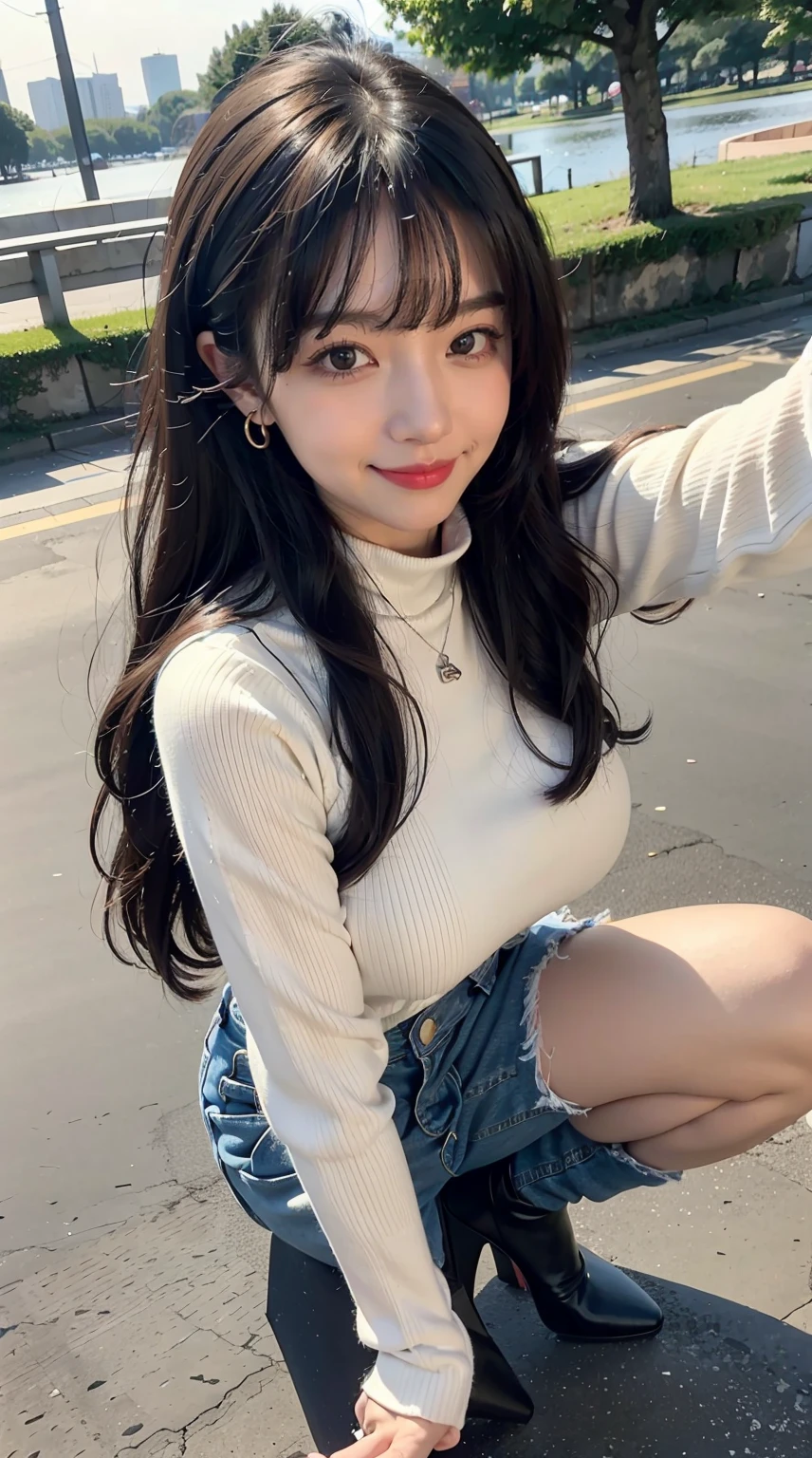 25 year old female, black long curly hair、through bangs、White skinny turtleneck sweater, fluffly、skintight jeans, jaket、Medium milk, cute smiling face、(outstretched gesture)、(slalom)、Sexy buttocks、red high heel pumps、Park with lake、A sexy pose、Sexy lace overalls necklace、ear nipple ring、fully body photo