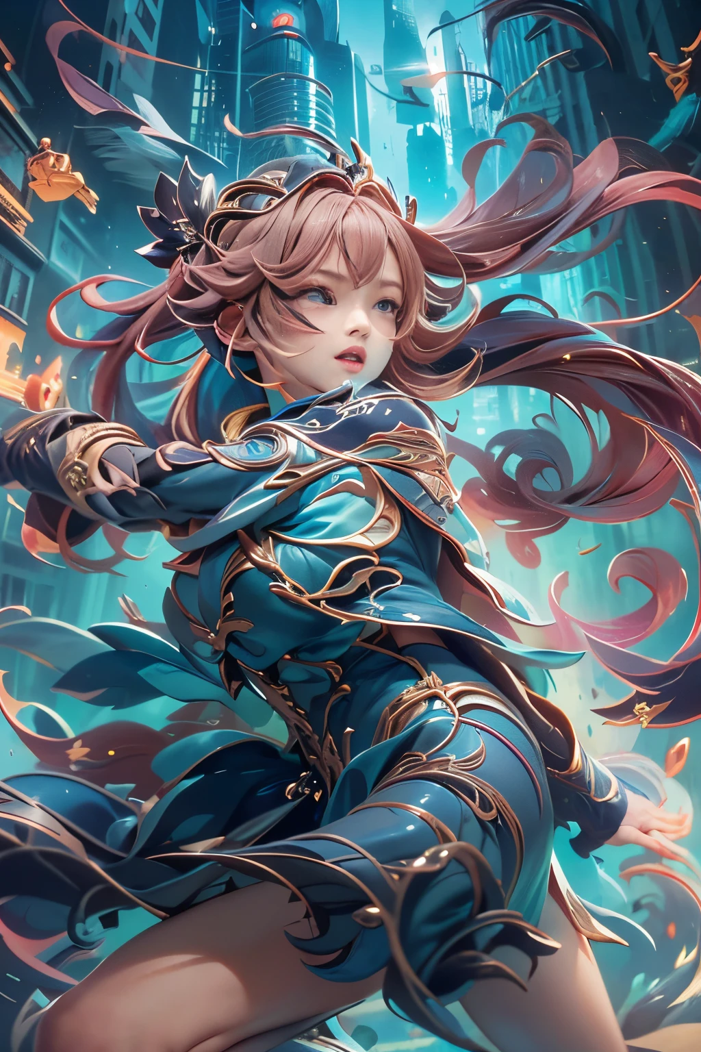 Generate images that express dynamic battle scenes with impressive speed lines. (fighting spirit々An illustration of girls clashing violently:1.4), Adopt a line with a sense of speed、. Include elements such as the hustle and bustle of the city in the background, Smoke, Creates a vivid atmosphere by reflecting blue light. We create videos that capture energetic and powerful moments...