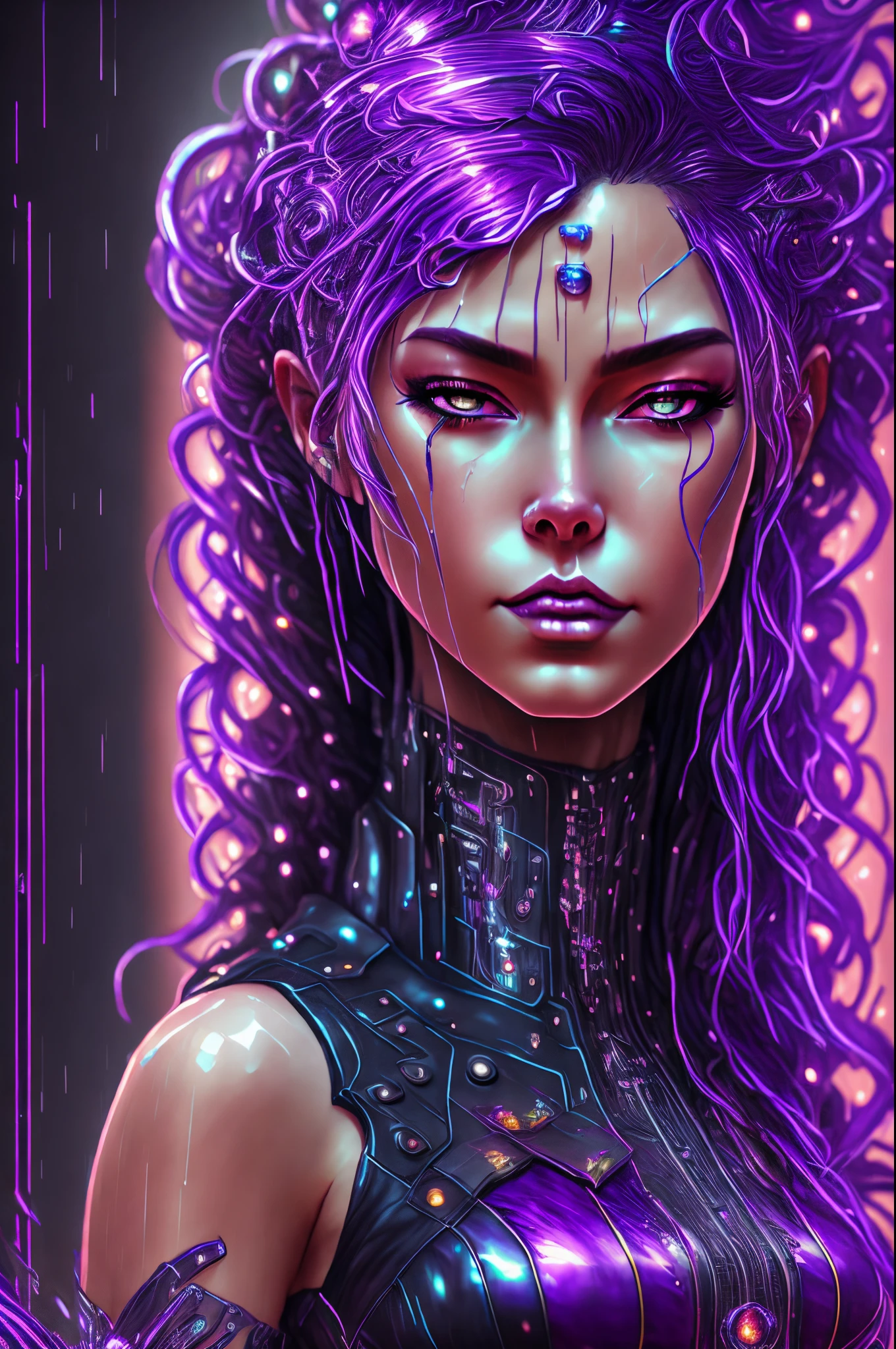 a woman with purple hair and a purple dress in the rain, cyberpunk art style, cyberpunk medusa, cyberpunk art, advanced digital cyberpunk art, cyberpunk themed art, seductive cyberpunk dark fantasy, hyper-realistic cyberpunk style, sci-fi digital art, cyberpunk woman, cyberpunk angry gorgeous goddess, cyberpunk women, of a futuristic woman selk'nam, bright cyberpunk glow