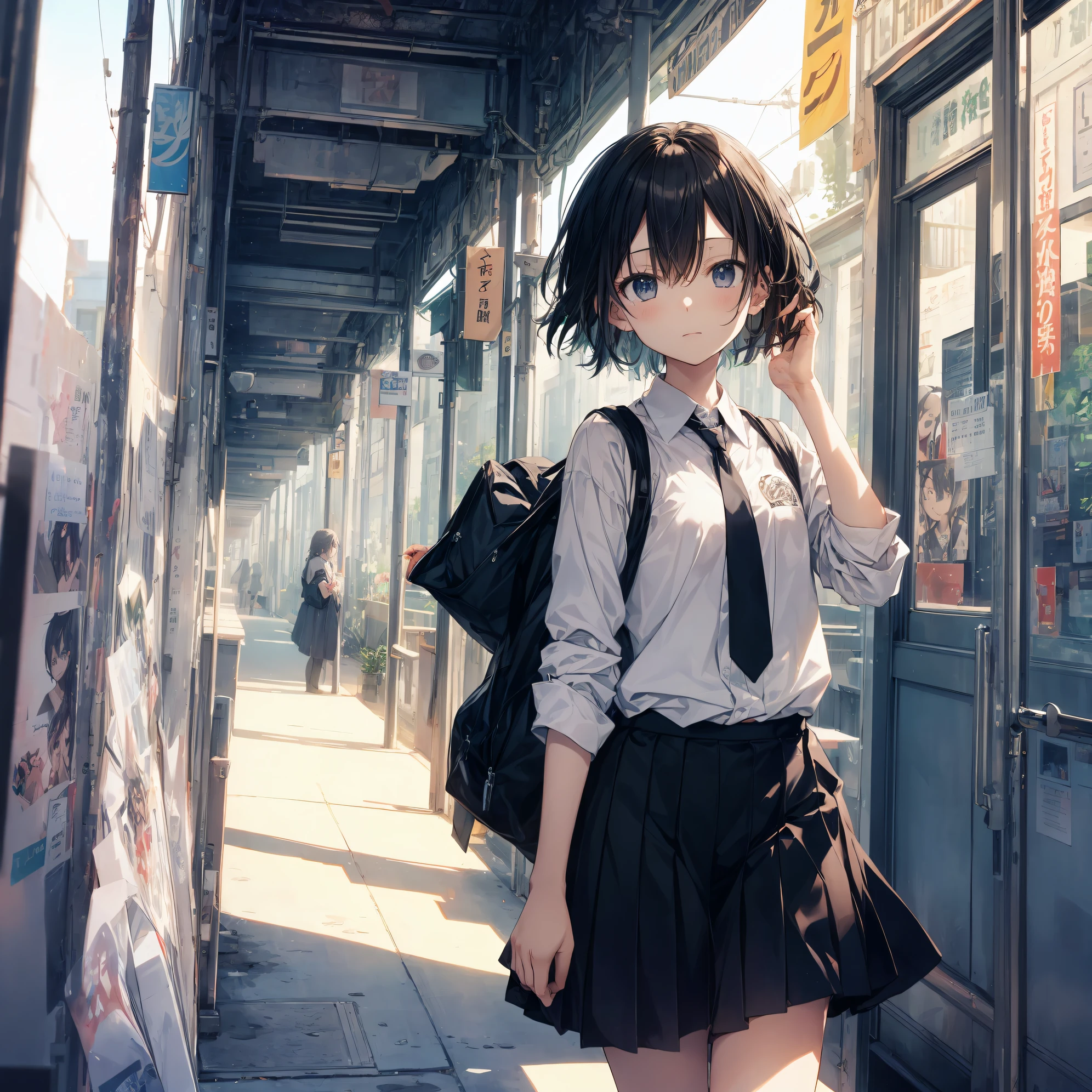 Super high quality by the art god, Ultra-detailed, High resolution, anime moe art style, Best Anime 8K Konachan Wallpapers, Pixiv Contest Winner, Perfect Anatomy, BREAK,(Draw a girl sleepily walking to school. ),BREAK, 1girl in, (Solo,Lori,child,13years:1.3),Full limbs, complete fingers,a junior high school student, Androgynous attraction, (Very short hair), Sleeping hair, hair messy, flat chest, Small butt, groin, Small eyes,Beautiful detailed black eyes, Well-proportioned iris and pupils, disgusted eye,  High resolution detailed hair, School uniform, Skirt, On the way to school. BREAK,super detailed skin, Best lighting by famous artists, 8K, Illustration,