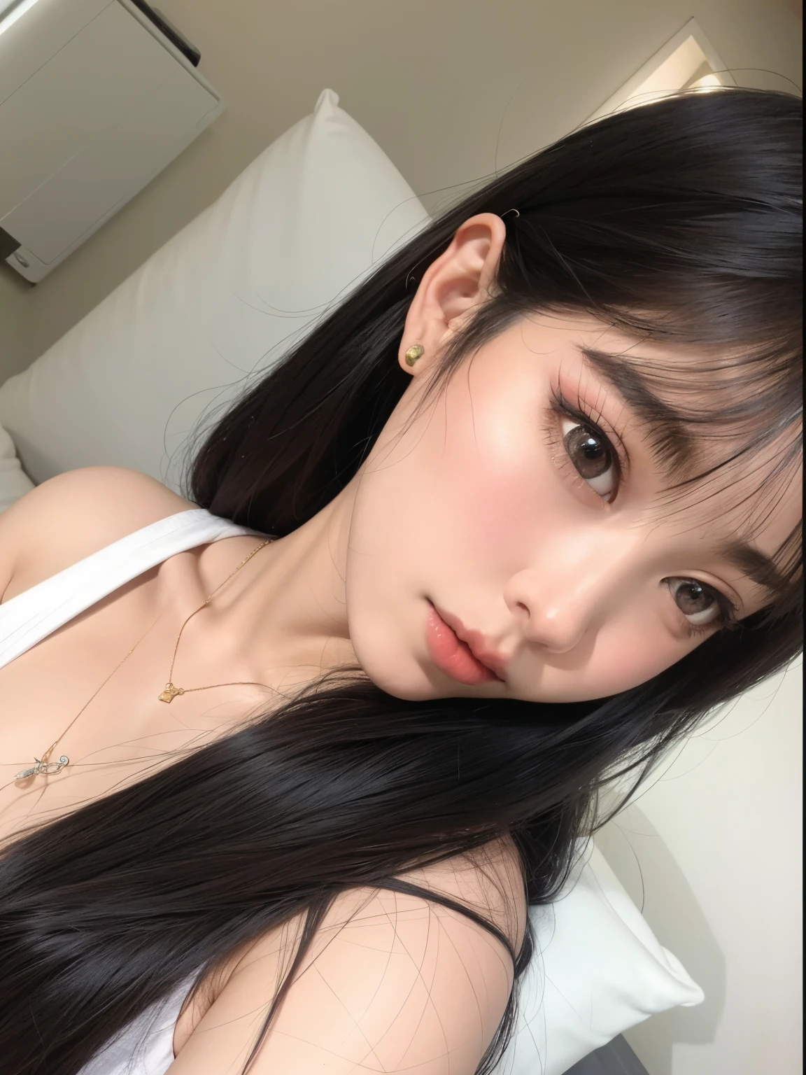 there is a woman with long hair and a white tank top, Jinyoung Canela, menina bonito-fino-cara, Ulzzang, menina coreana, young cute wan asian face, Jaeyeon Nam, linda mulher coreana jovem, Mulher sul-coreana bonita, mulher coreana jovem bonita, Heonhwa Choe, Lalisa Manobal, Beautiful Asian girl