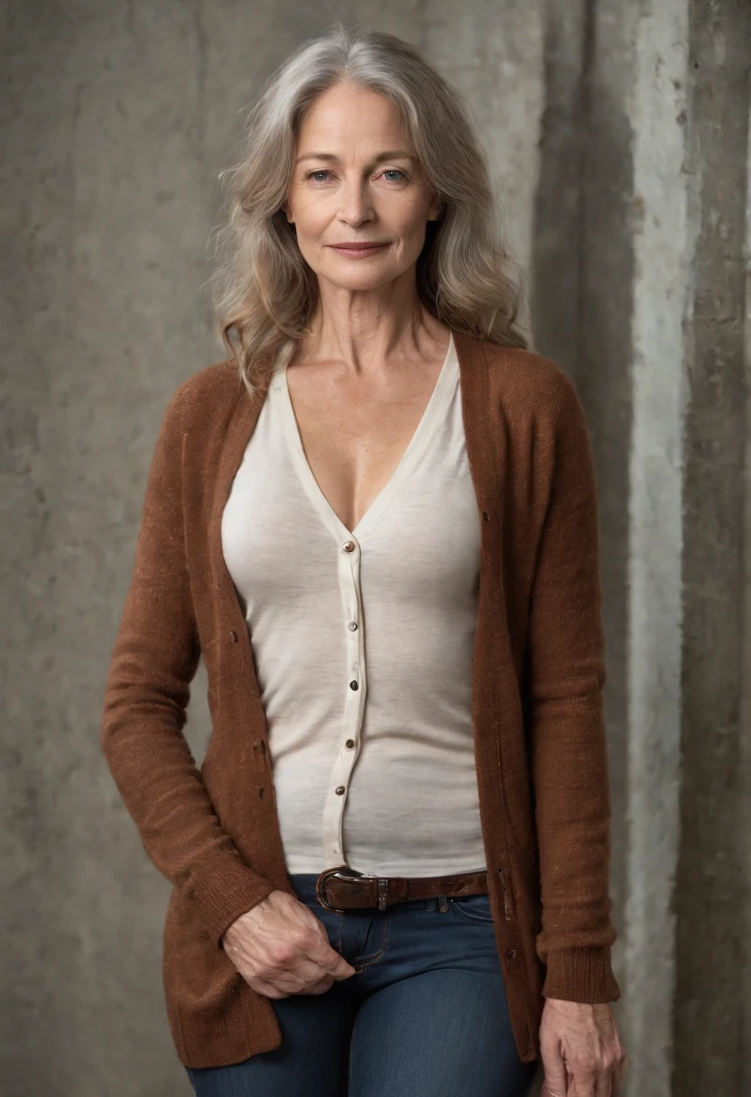 1woman, 55 years old, 3/4 length thighs to head actor promo portrait photo, very long ass-length curly white hair, a middle aged Charlotte Rampling lookalike, lots of visible wrinkles, crows feet, liver spots, she has an aging freckled chest and boobs, aging wrinkled but delicate hands, long delicate fingers, medium sized slightly saggy 36C breasts, Regarder camera, mysterious hint of a smile, intense blue eyes, Joaillerie, corps entier entier, Collier, Schulterfrei, chandail, minora, Realstic, nez, Rue de nuit, sexy, tight cardigan sweater worn without t-shirt or bra, her erect nipples are clearly seen through the cardigan sweater, faded distressed hiphuggers skinny jeans with groovy wide brown leather 1970s style belt, showing exposed very freckled aged abdomen, aging navel and wrinkly groin, aged geriatric wrinkly, liver spotted and slightly flabby abdomen, navel and groin, f/5.6, a bright industrial converted factory space photo studio is very out of focus in the distant background with a dramatic 2-spot-lights-pointing downward light and shadow effects on the walls and floor, with old factory leaded glass windows visible and out of focus in the background,
