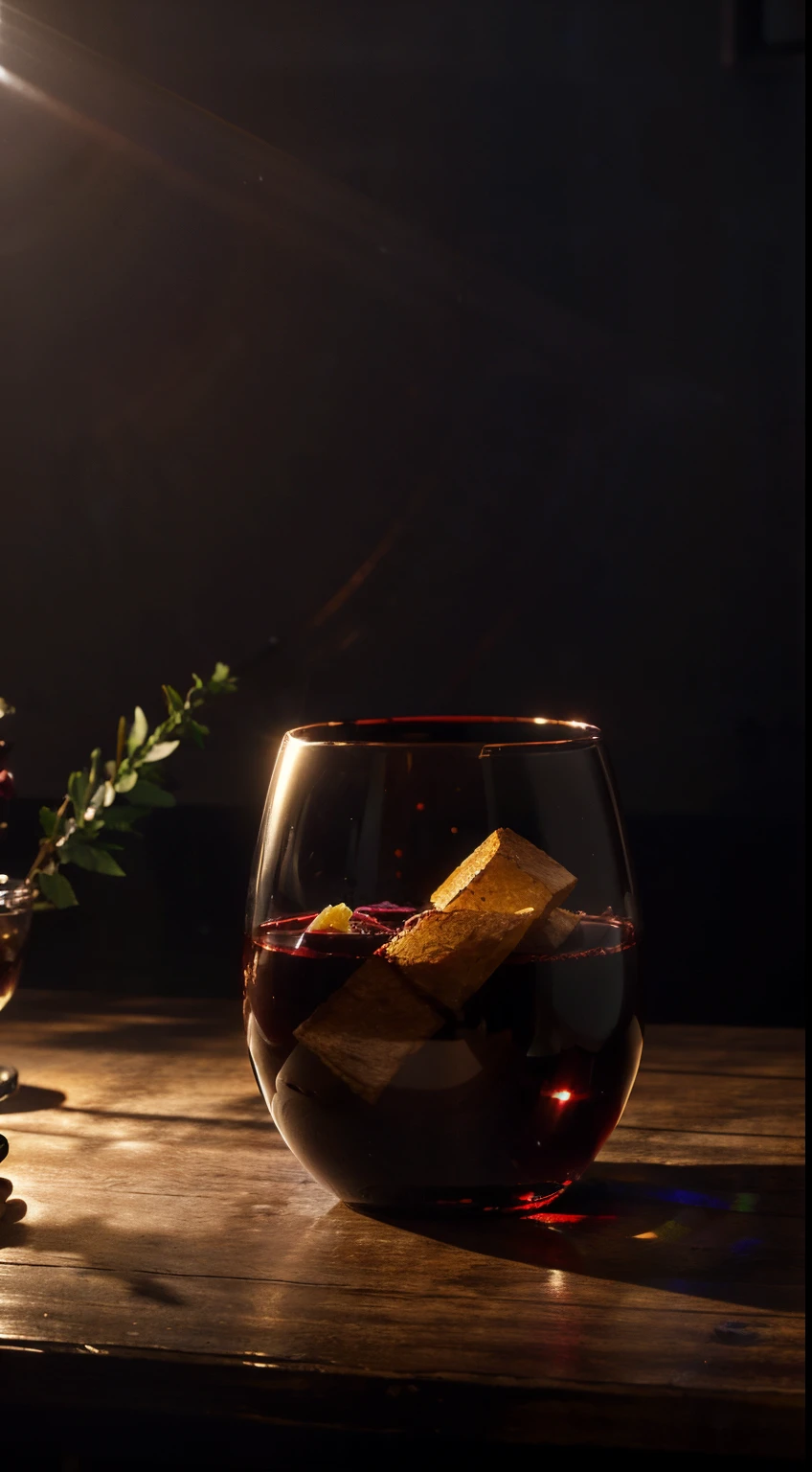 a delicious glass of red wine，in a glasottle at the back. Fundo Oscuro., kinematics, professional photoshooting, low-key studio lighting, Research background, advertisement photography, Complicated details, ultra - detailed, hyper realisitc, 8k ultra high definition