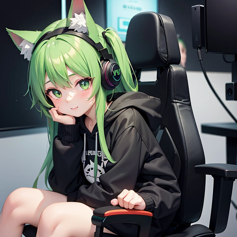 A cute virtual girl with green hair and wearing cat ear headphones is sitting on a gaming chair wearing a black hoodie with a wolf logo。