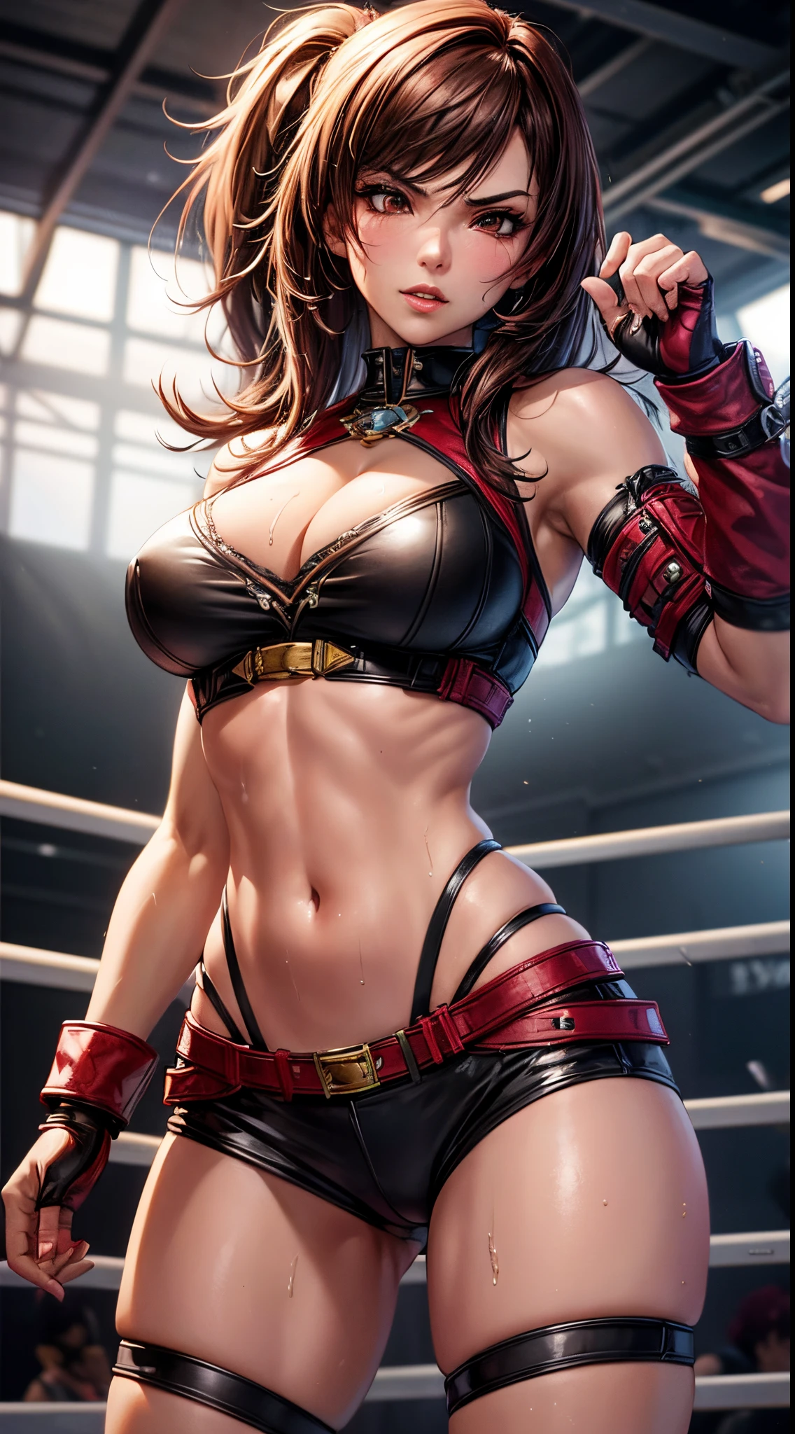 Katarina Alves, Tekken 7, on the fighting ring, big breast, midriff, wet body, detailed face, detailed body render, high quality, highres, highly detailed, girl, solo, sexy, blush
