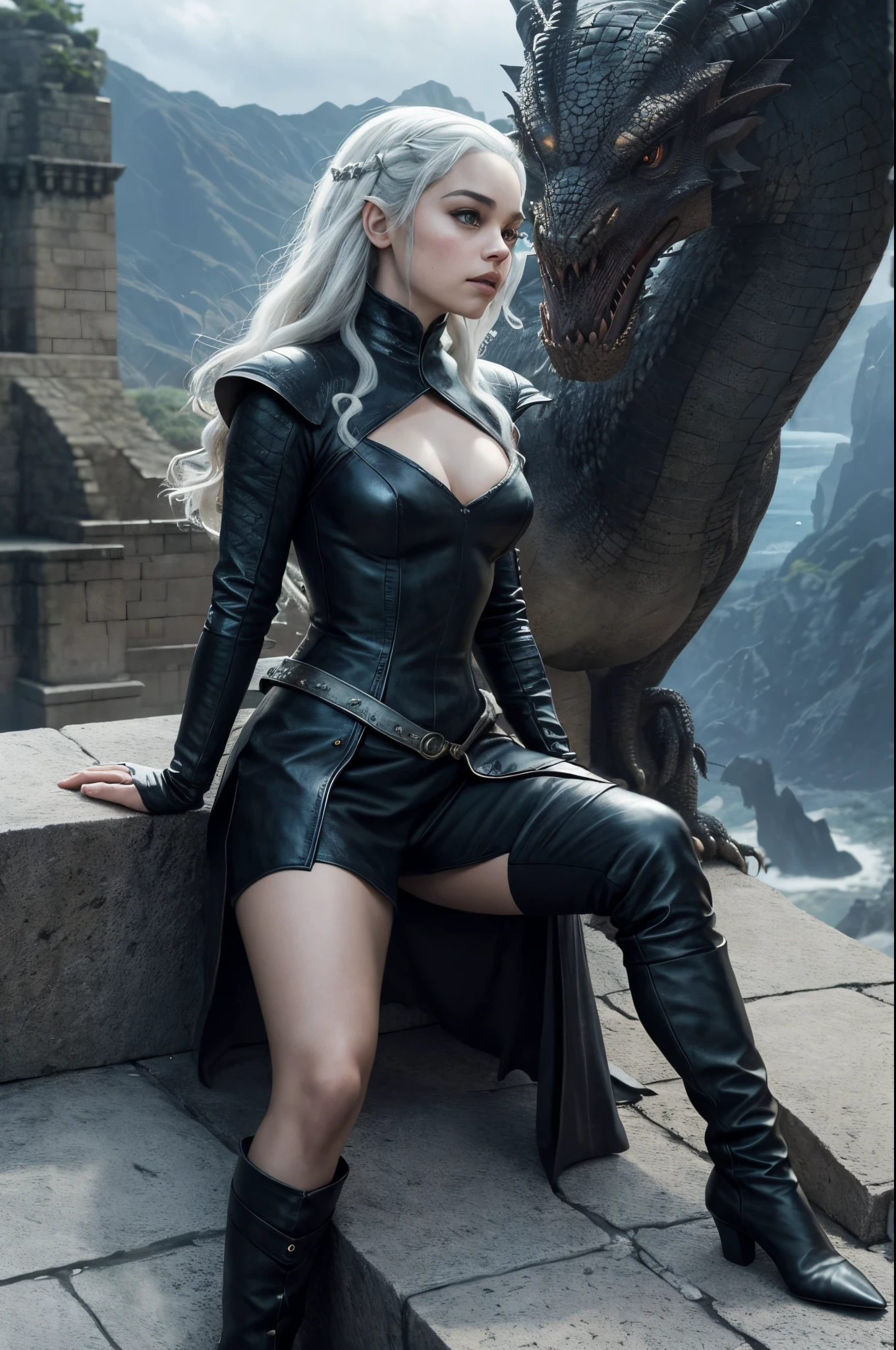 a woman in a leather outfit sitting on a ledge next to a dragon, daenerys, daenerys targaryen, queen of dragons, mila kunis as daenerys targaryen, dragon queen, from of thrones, emilia clarke, sexy movie photo, drogon, dragon girl, fantasy photoshoot, amouranth, amouranth as a super villain