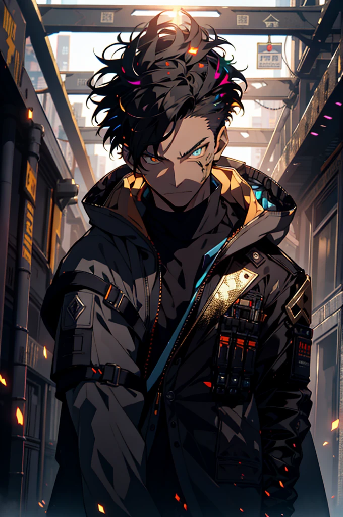 by josan gonzalez,masterpiece, (1man), (half body), tall young man, ((male focus)), tall mature guy, long black hair, neon blue horns, pale skin, scarlet eyes, moles, , sparks, particles,cyberpunk, cyborg, looking_at_viewer,, fortified suit,long black coat, black plugsuit, solo, standing, symmetrical eyes, eyeshadows, detailed face and eyes, dynamic lighting, cinematic lighting, volume lighting, ultra high resolution, cyberpunk, night cyberpunk city with neon lighting, futobot,  modelshoot style, (extremely detailed CG unity 8k wallpaper), professional majestic oil painting by Ed Blinkey, Atey Ghailan, Studio Ghibli, by Jeremy Mann, Greg Manchess, Antonio Moro, trending on ArtStation, trending on CGSociety, Intricate, High Detail, Sharp focus, dramatic, photorealistic painting art by midjourney and greg rutkowski