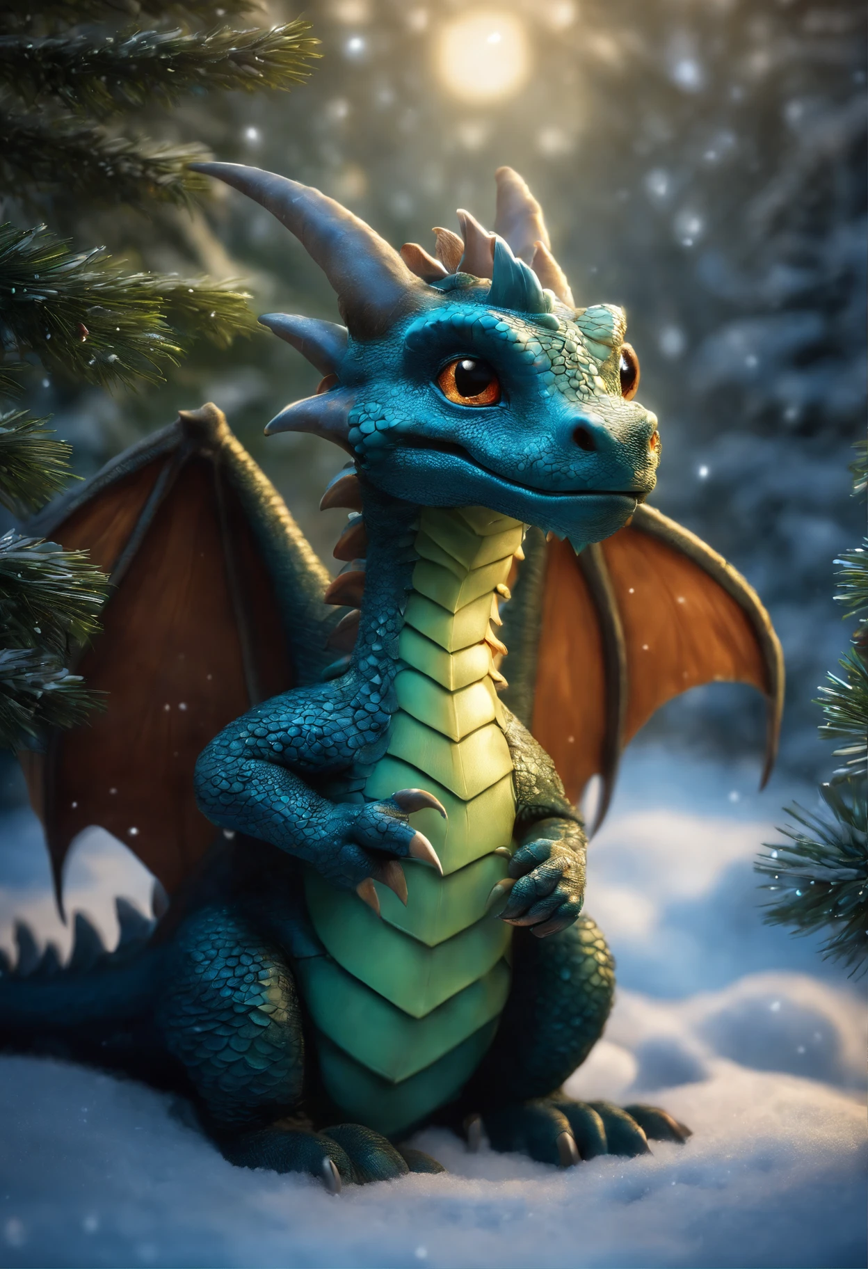 There is a dragon, the dragon stands by the Christmas tree, the dragon spares the garlands, holding gifts., A Newly Hatched Dragon, dragon in the winter forest near the Christmas tree, hung with crystal luminous balls, realistic fantasy illustration, Cute little snow dragon, by Adam Marczyński, Author: Kerembeyit, hyperrealistic fantasy art, adorable digital painting, Portrait of a Dragon, baby dragon portrait, Laszlo Balog, realistic fantasy painting, dragon art