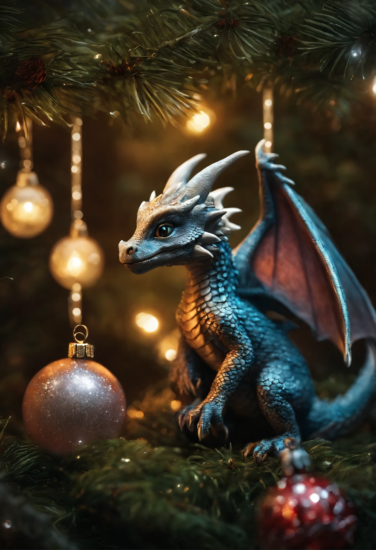 There is a dragon, the dragon stands by the Christmas tree, the dragon spares the garlands, holding gifts., A Newly Hatched Dragon, dragon in the winter forest near the Christmas tree, hung with crystal luminous balls, realistic fantasy illustration,  Cute little snow dragon, by Adam Marczyński, Author: Kerembeyit, hyperrealistic fantasy art, adorable digital painting, Portrait of a Dragon, baby dragon portrait, Laszlo Balog, realistic fantasy painting, dragon art