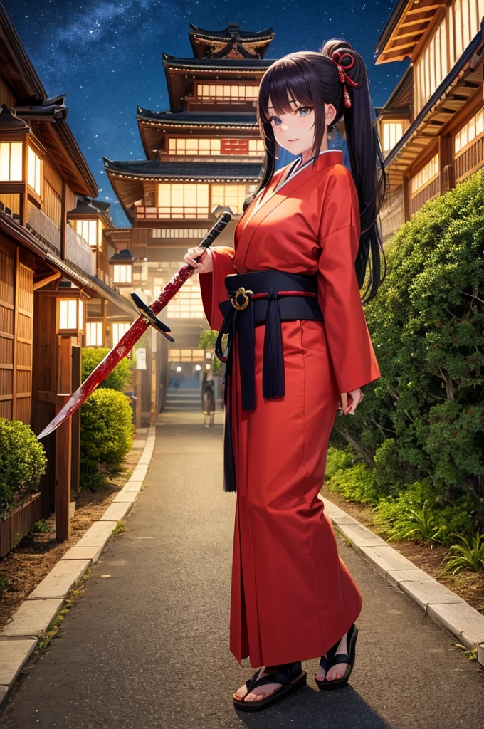 (8k wallpaper, Raw photography, top-quality, masterpiece:1.2), depth of fields, full body Esbian, 1girl in, 20yr old, Long Focus, Komono, poneyTail, A dark-haired, Female swordsman at the end of the Edo period, Sword, Hold the sword, haori, Hakama, landscape, Blood, blood splashing, Night, side lights, castle town, Edo Castle, shogunate,