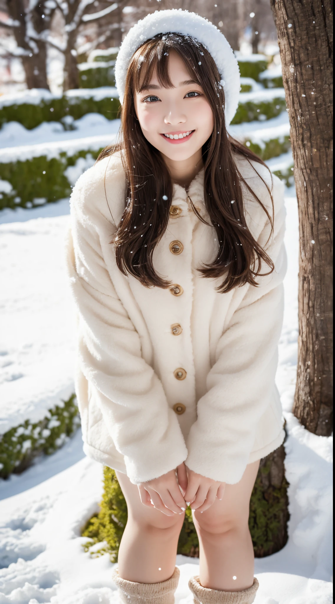 ulzzang -6500-v1.1, (Raw photo:1.2), (Photorealsitic), a beautiful detailed girl, (Real: 1.4), extremely detailed eye and face, beatiful detailed eyes,((Japan Girls Winter Wear ))、selfee、Instagram、game_nffsw, huge filesize, hight resolution, ighly detailed, top-quality, [​masterpiece:1.6], illustratio, ighly detailed, nffsw, finely detail, top-quality, 8k wallpaper, Cinematographic lighting, 1girl in, 17 age, perfect body type, cute droopy eyes beautiful big eyes、Pieckfinger, ((masutepiece)), Best Quality, 1girl in, eye shadow, Portrait, ((FULL BODYSHOT:1.4))、(Very affectionate smile:1.2)、sitting on a rotten tree,((Dynamic Pose)), Snow and winter background, Playing in the snow, snowball,　realistic skin textures、shinny skin、Exposed thighs!!!